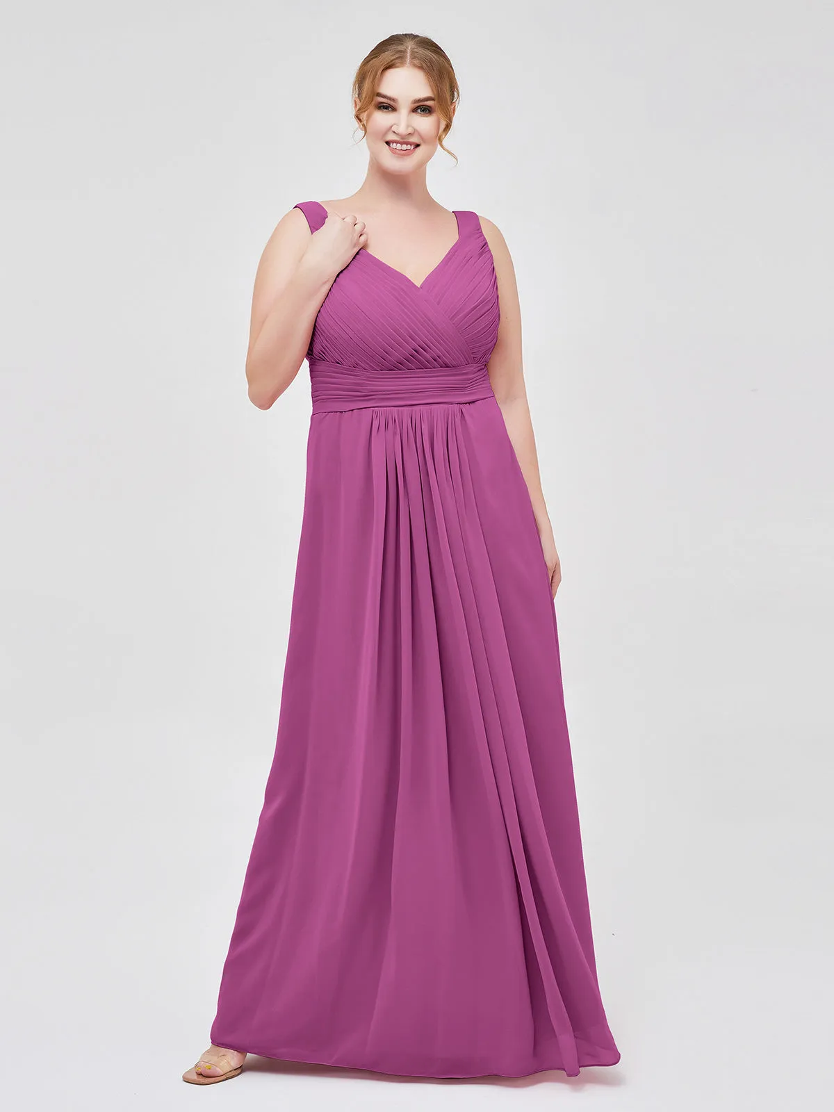 A-line Chiffon Floor Length V Neck Dresses Orchid