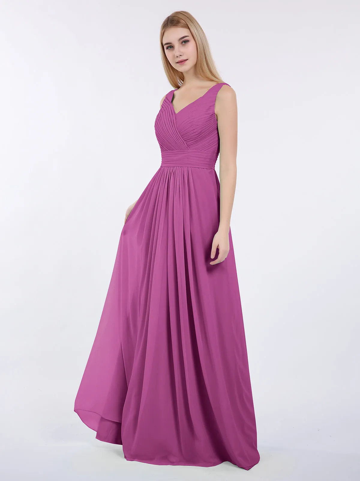 A-line Chiffon Floor Length V Neck Dresses Orchid