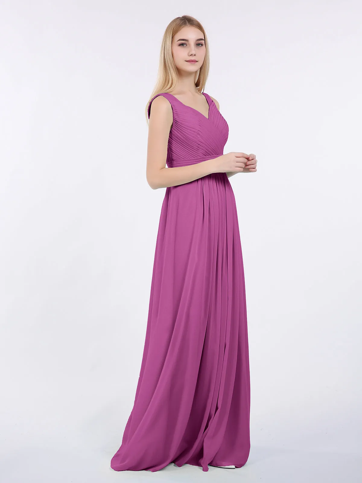 A-line Chiffon Floor Length V Neck Dresses Orchid