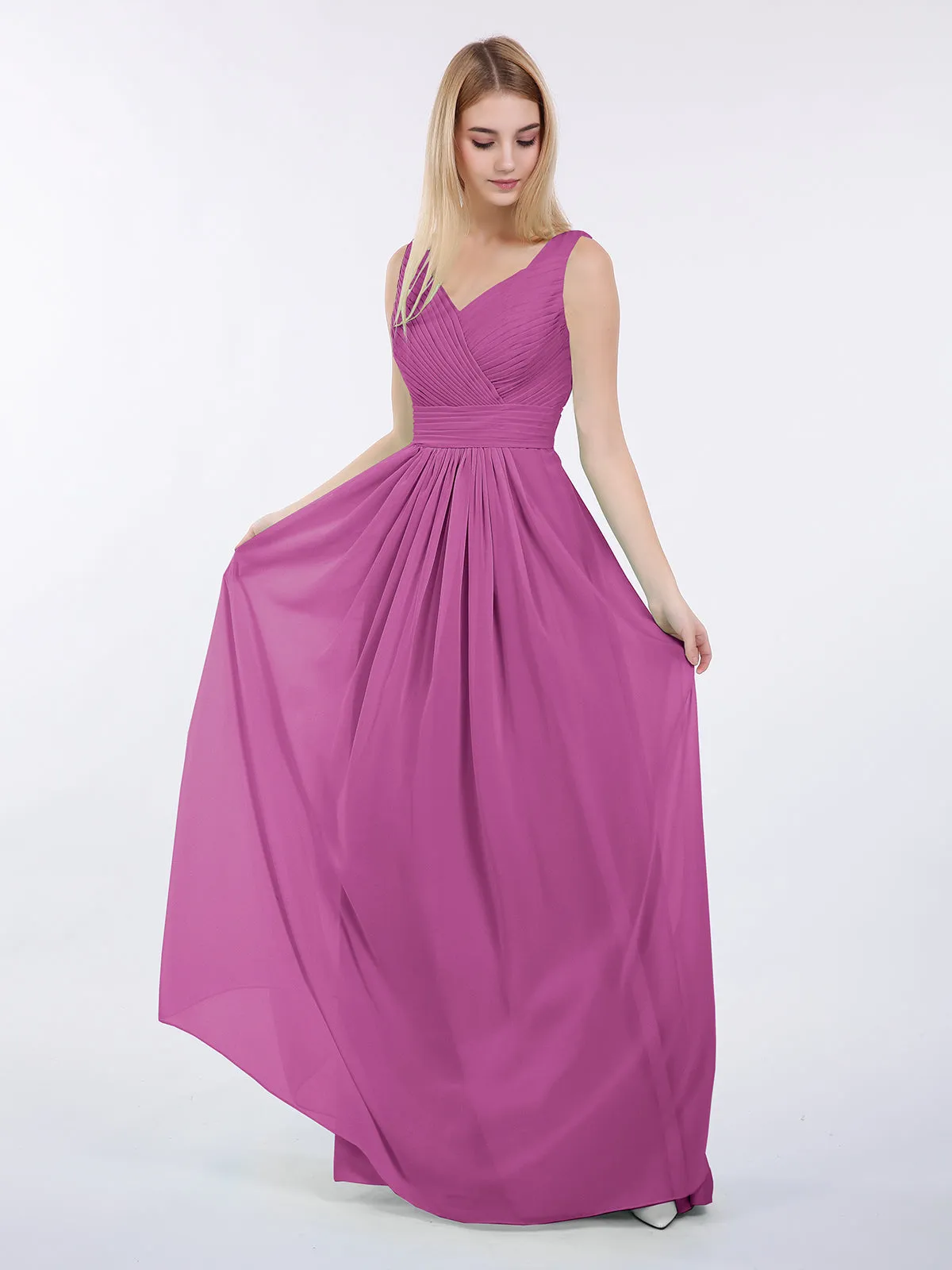 A-line Chiffon Floor Length V Neck Dresses Orchid