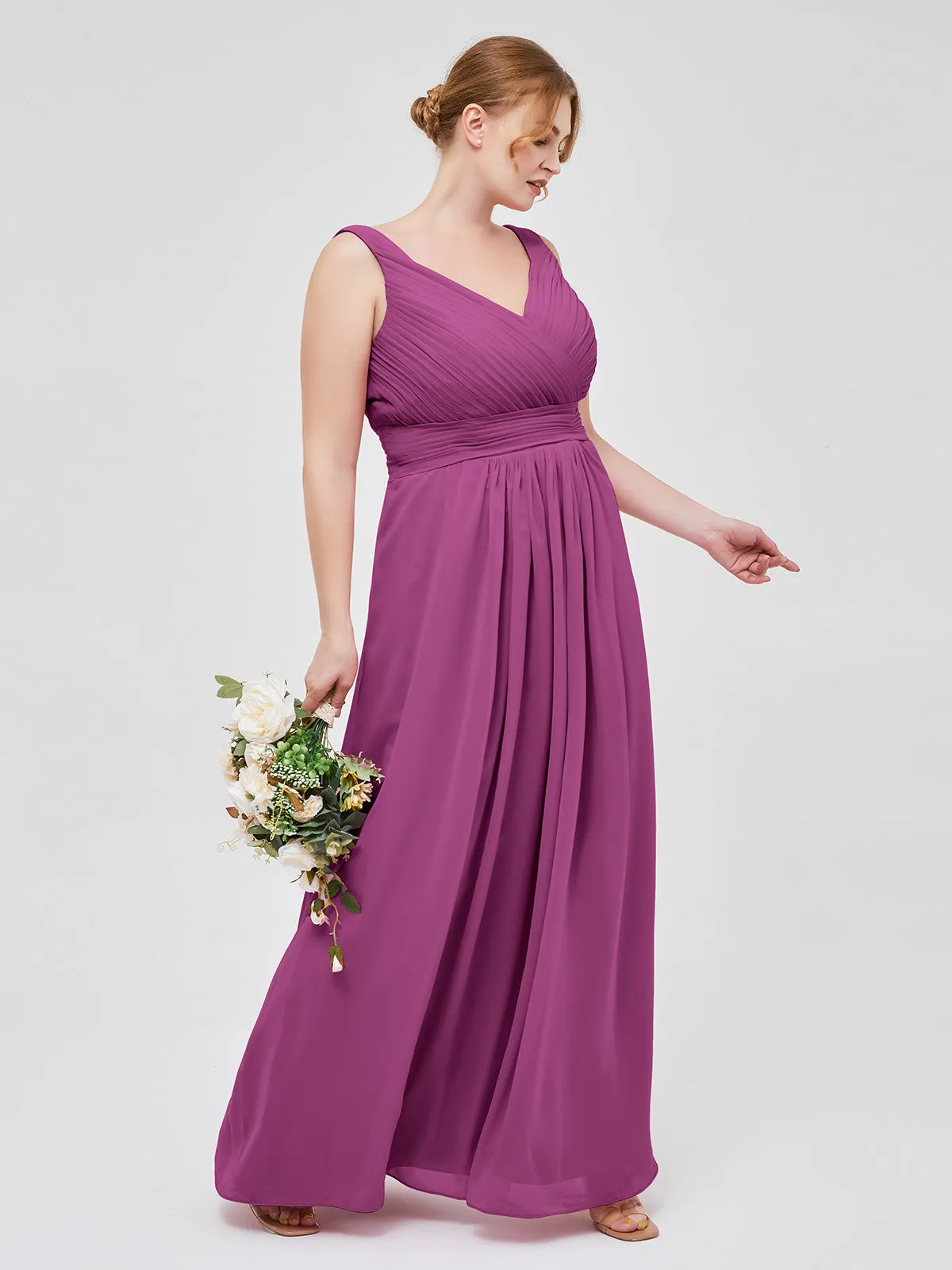 A-line Chiffon Floor Length V Neck Dresses Orchid