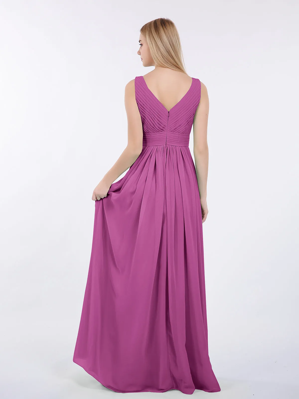 A-line Chiffon Floor Length V Neck Dresses Orchid