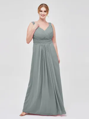 A-line Chiffon Floor Length V Neck Dresses Steel Grey Plus Size