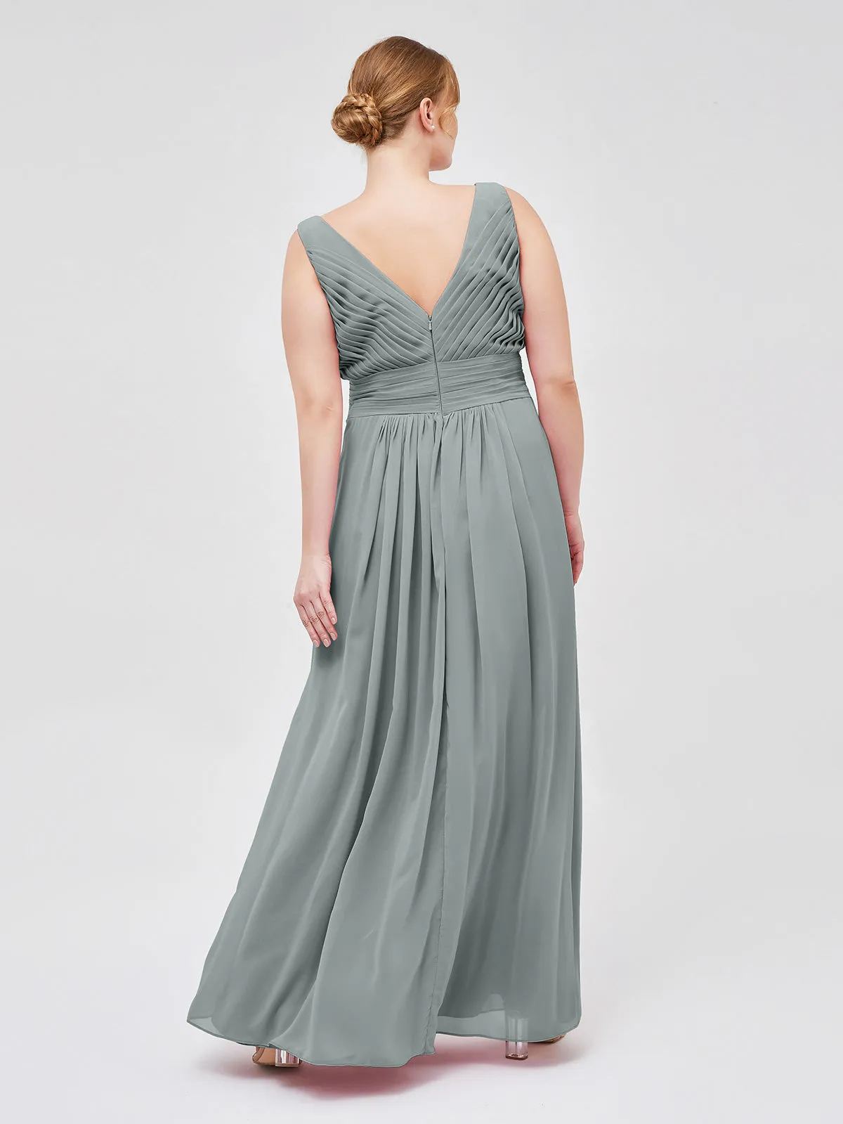 A-line Chiffon Floor Length V Neck Dresses Steel Grey Plus Size