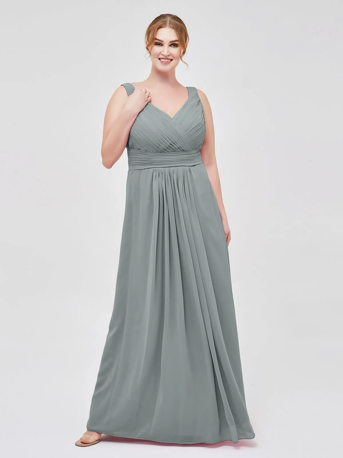 A-line Chiffon Floor Length V Neck Dresses Steel Grey Plus Size