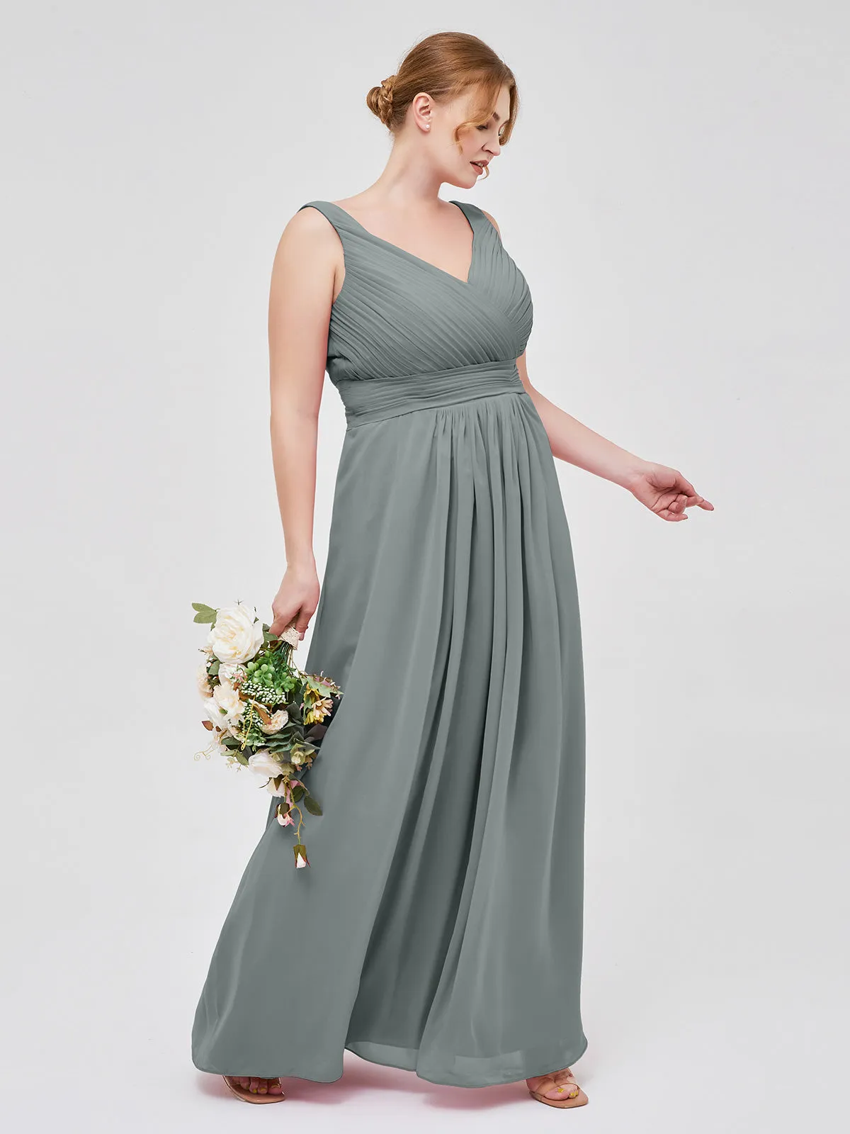 A-line Chiffon Floor Length V Neck Dresses Steel Grey Plus Size