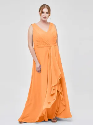 A-line Chiffon Open Back Dress With V-Neck Orange Plus Size