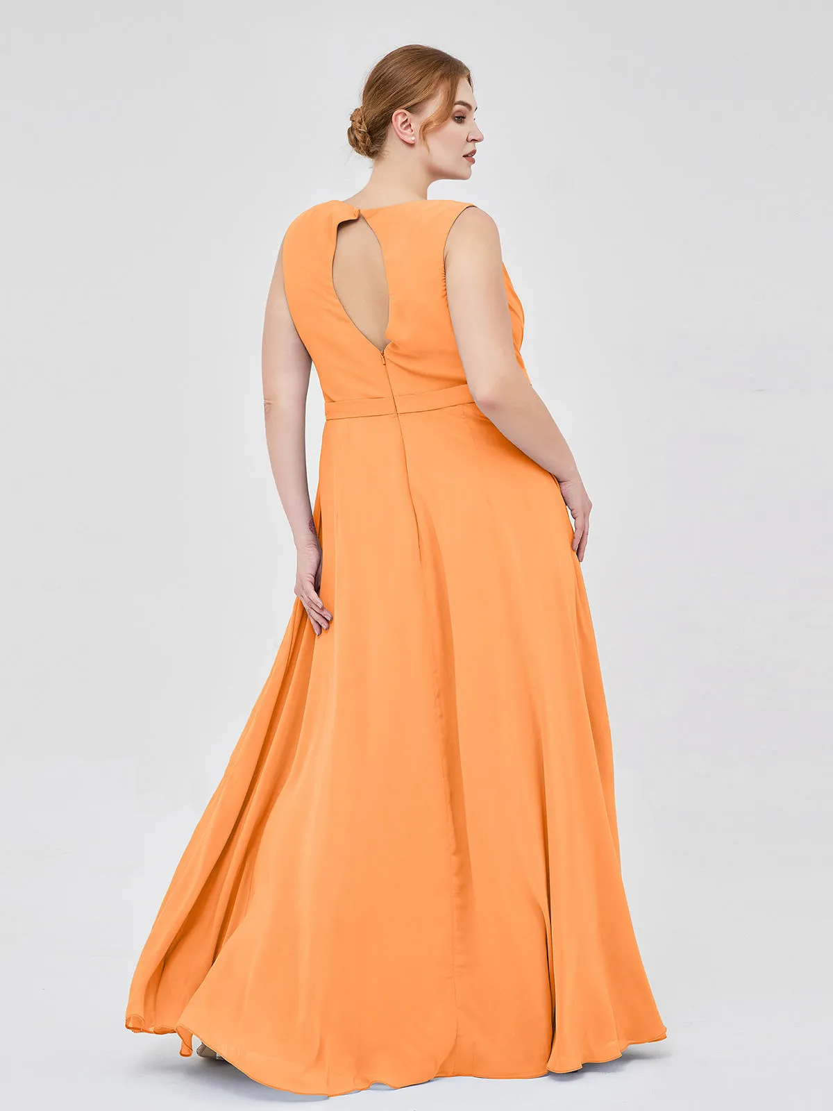 A-line Chiffon Open Back Dress With V-Neck Orange Plus Size