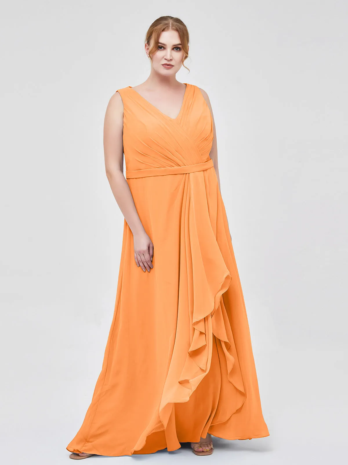 A-line Chiffon Open Back Dress With V-Neck Orange Plus Size