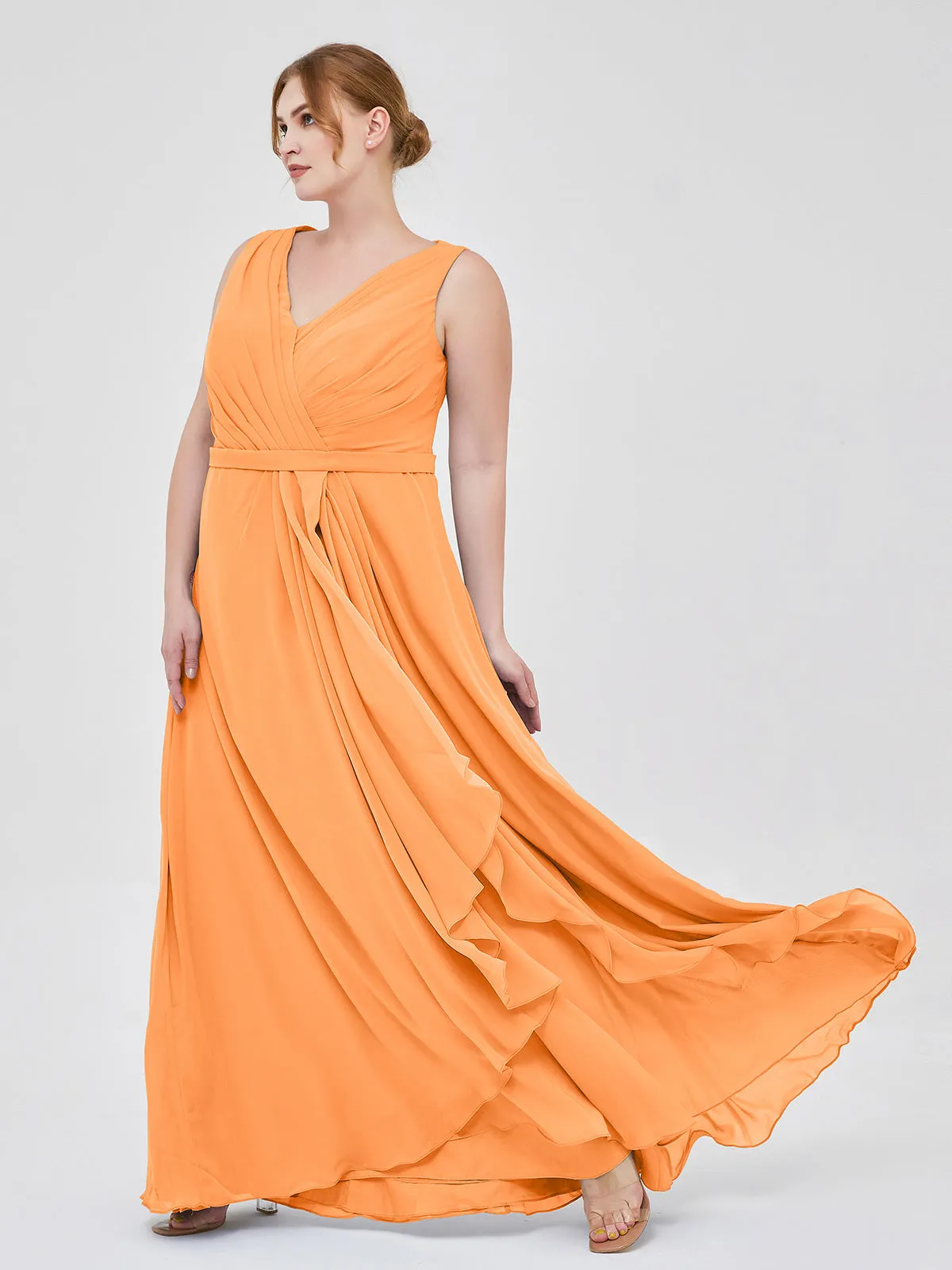 A-line Chiffon Open Back Dress With V-Neck Orange Plus Size