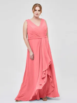A-line Chiffon Open Back Dress With V-Neck Watermelon Plus Size