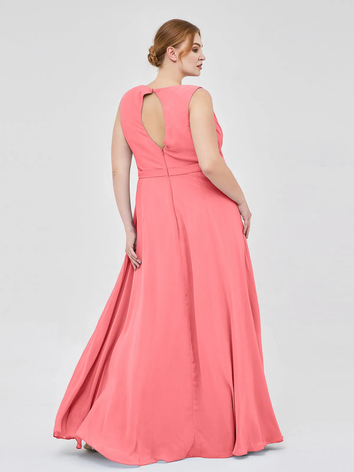 A-line Chiffon Open Back Dress With V-Neck Watermelon Plus Size