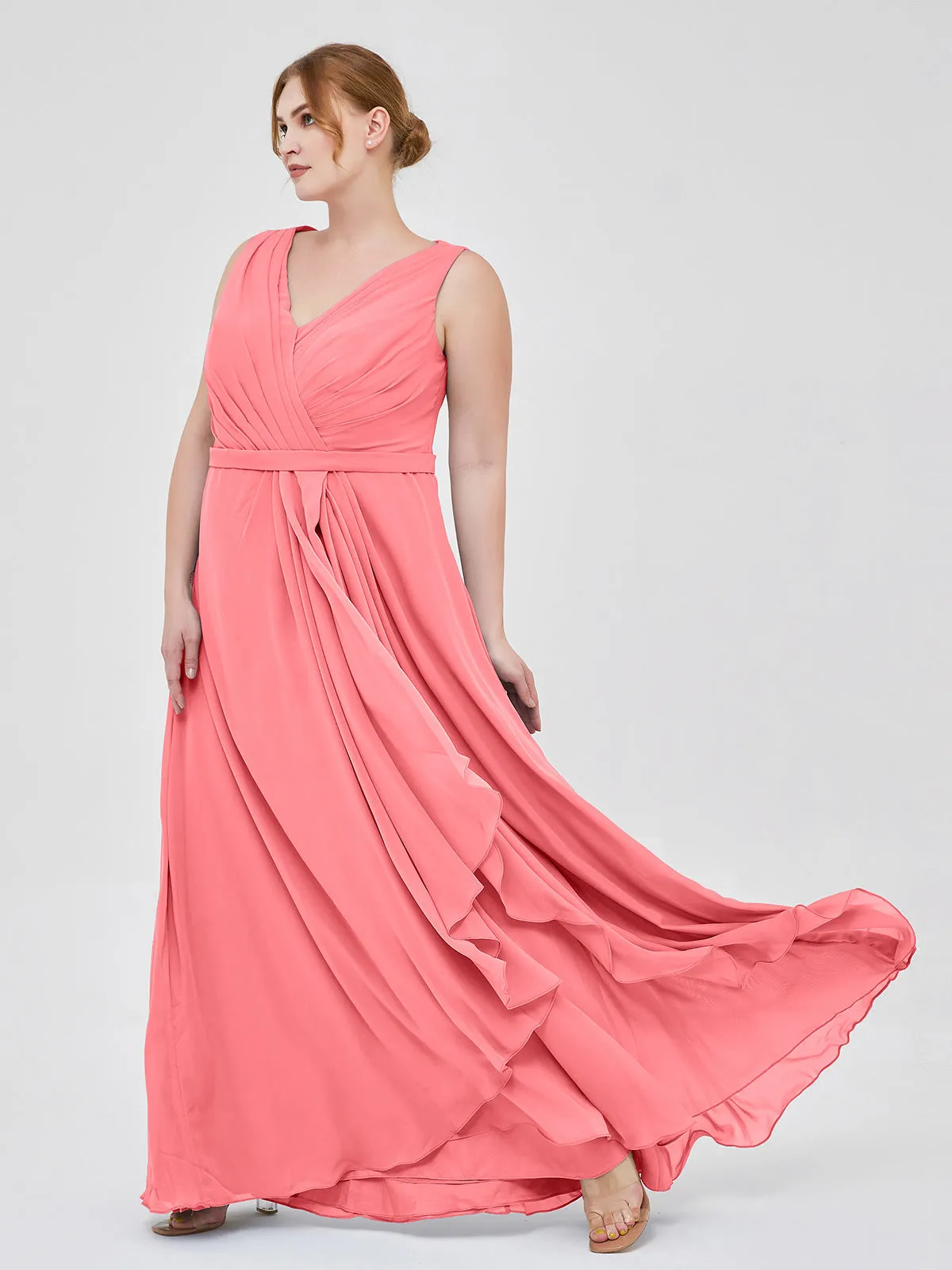 A-line Chiffon Open Back Dress With V-Neck Watermelon Plus Size