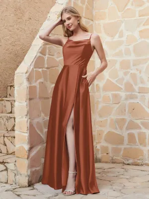 A-line Cowl Neck Satin Dress with Slit Rust Plus Size