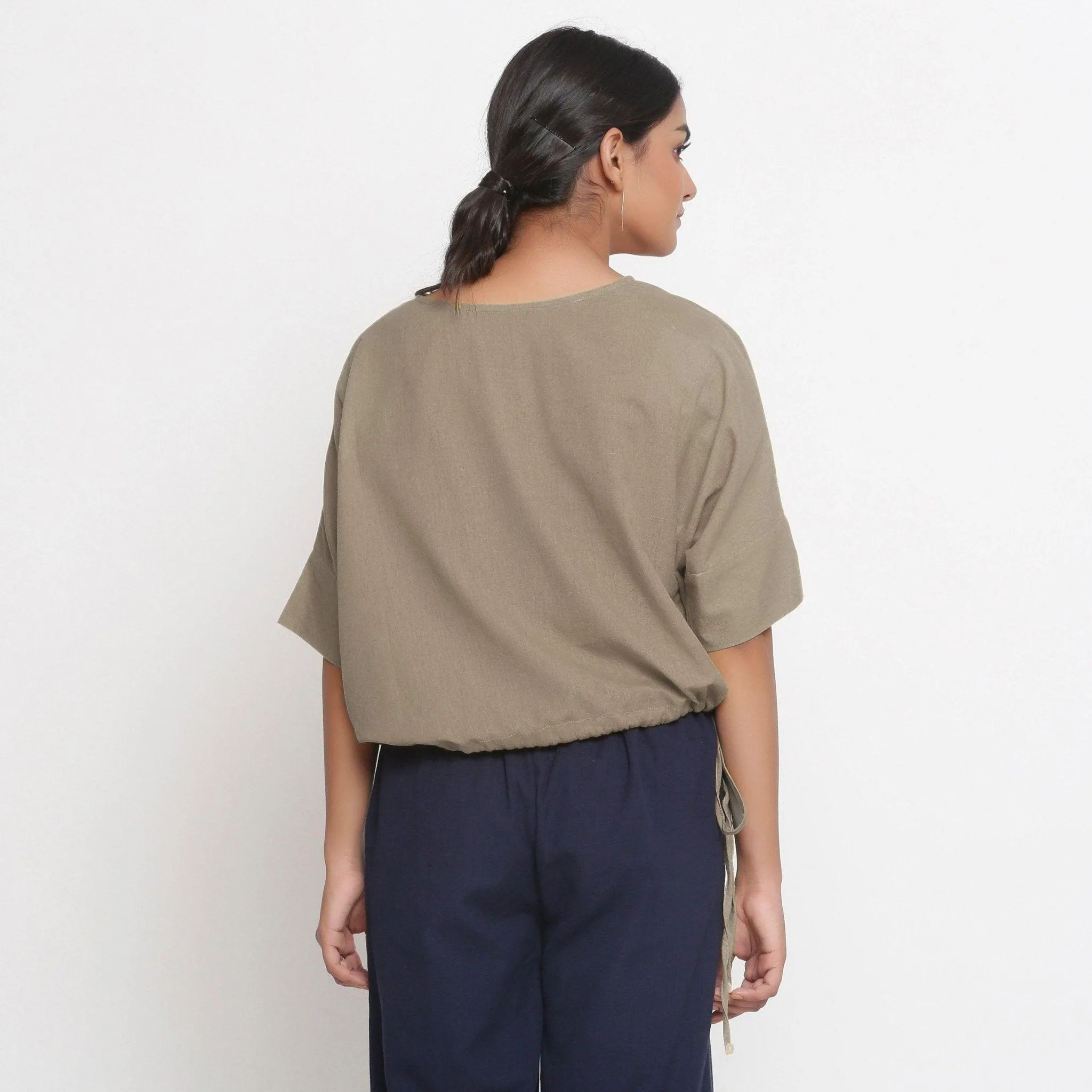 Beige Cotton Flax Drop Shoulder Blouson Top