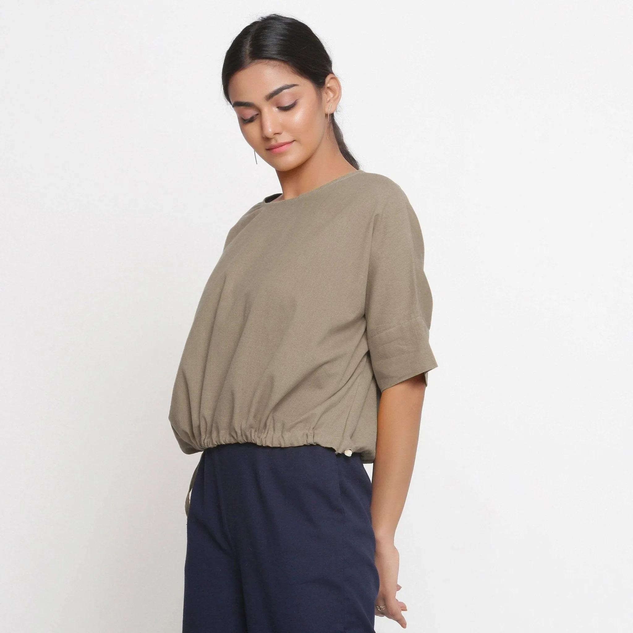 Beige Cotton Flax Drop Shoulder Blouson Top
