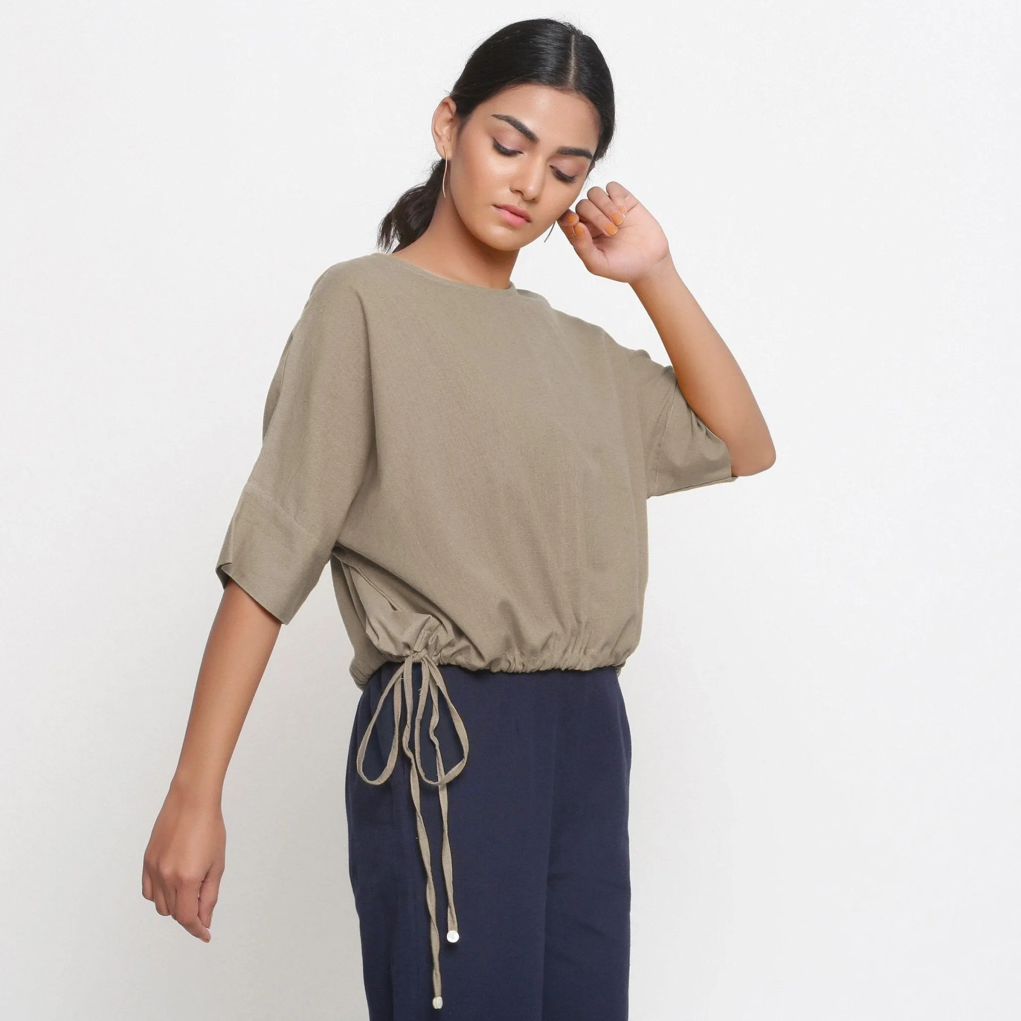 Beige Cotton Flax Drop Shoulder Blouson Top
