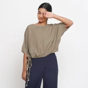 Beige Cotton Flax Drop Shoulder Blouson Top