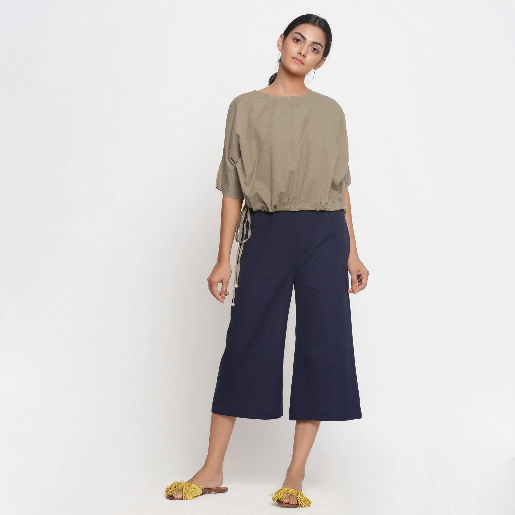 Beige Cotton Flax Drop Shoulder Blouson Top