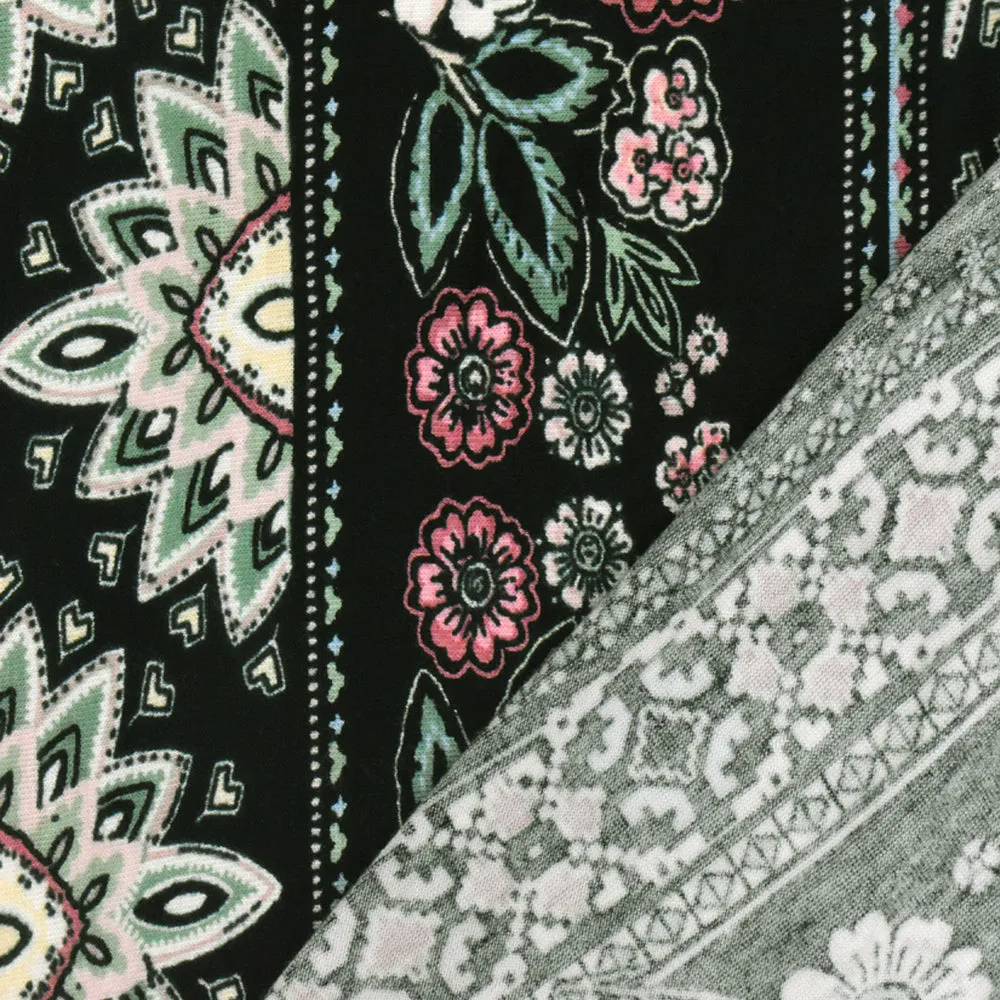 Black-Pink-Multi Floral Stripe Printed Rayon Stretch Jersey Knit Fabric
