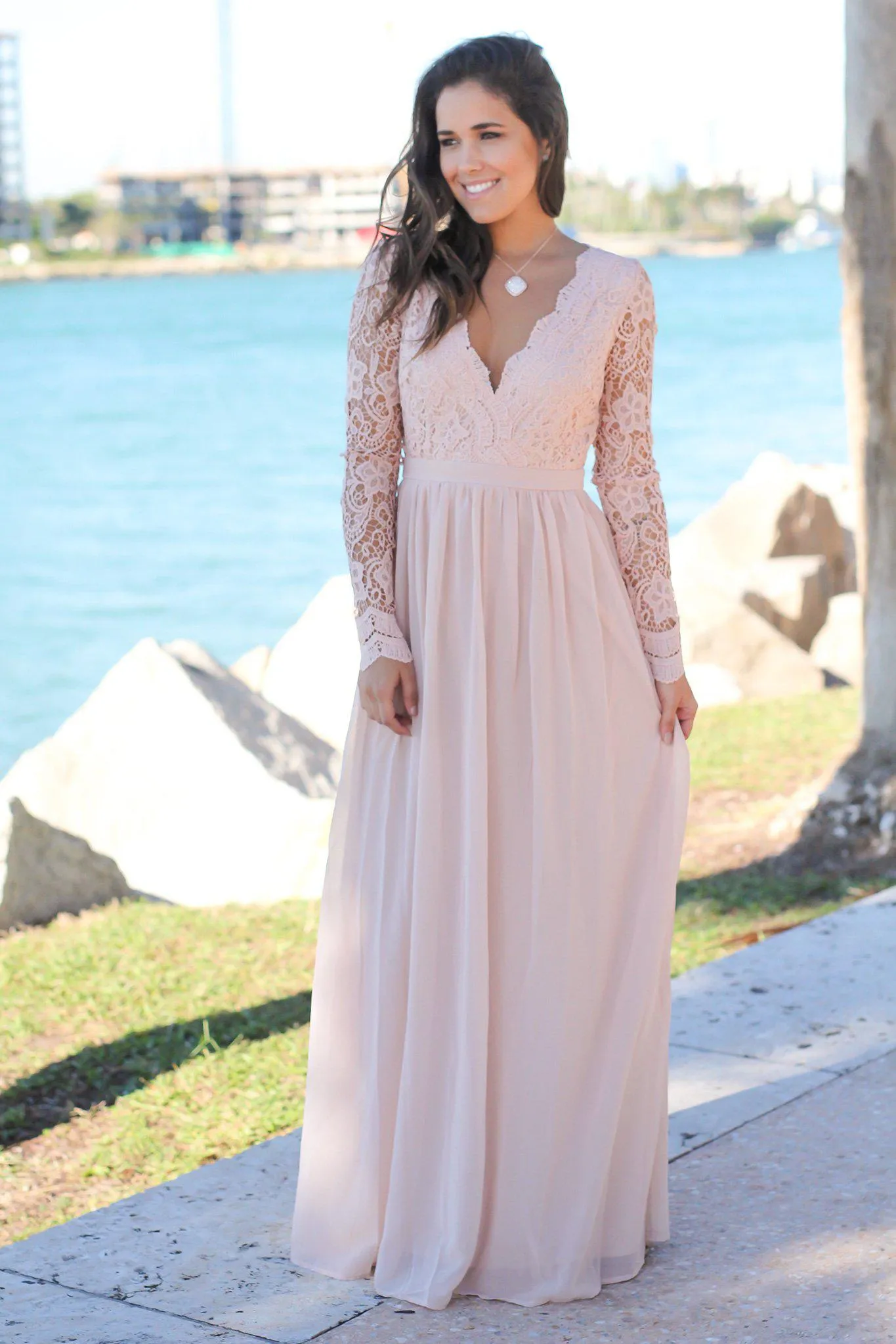Blush Crochet Maxi Dress with Open Back and Long Sleeves