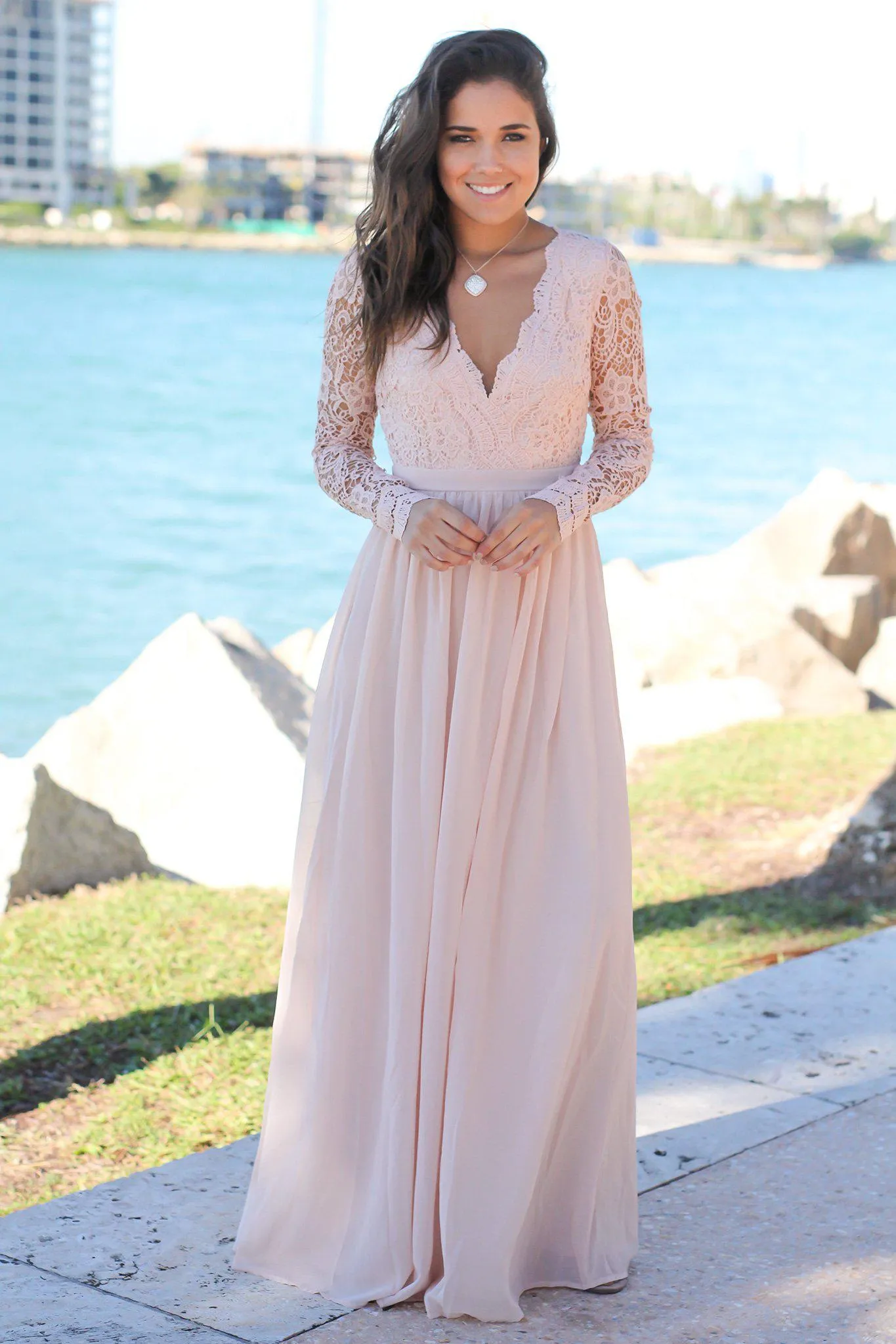 Blush Crochet Maxi Dress with Open Back and Long Sleeves