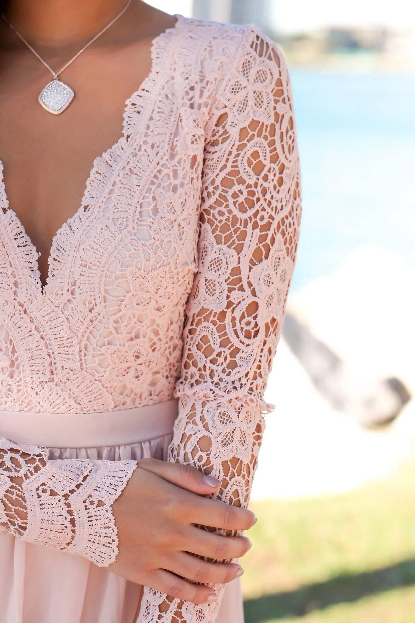 Blush Crochet Maxi Dress with Open Back and Long Sleeves
