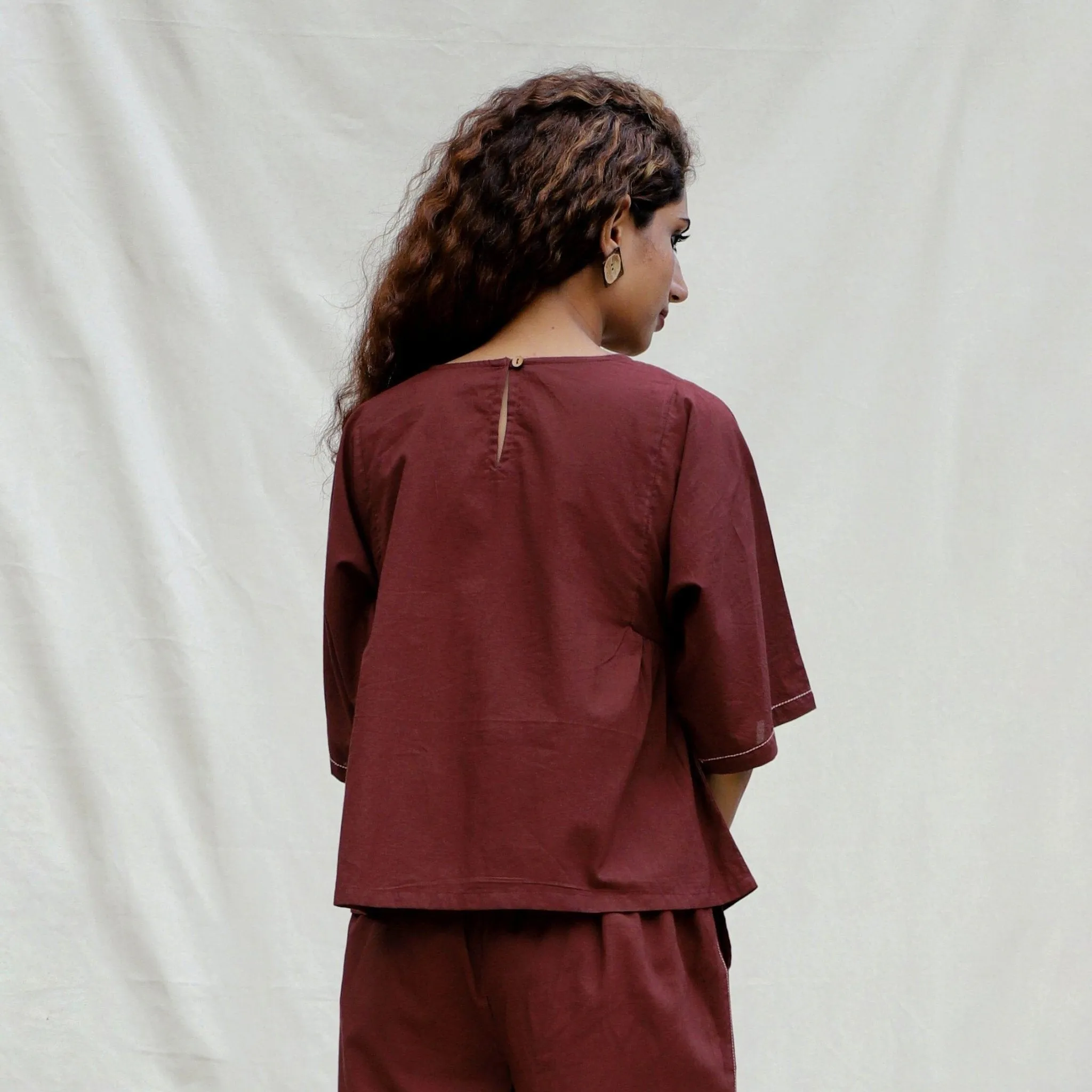 Brown 100% Cotton Drop Shoulder Sleeves Gathered Top