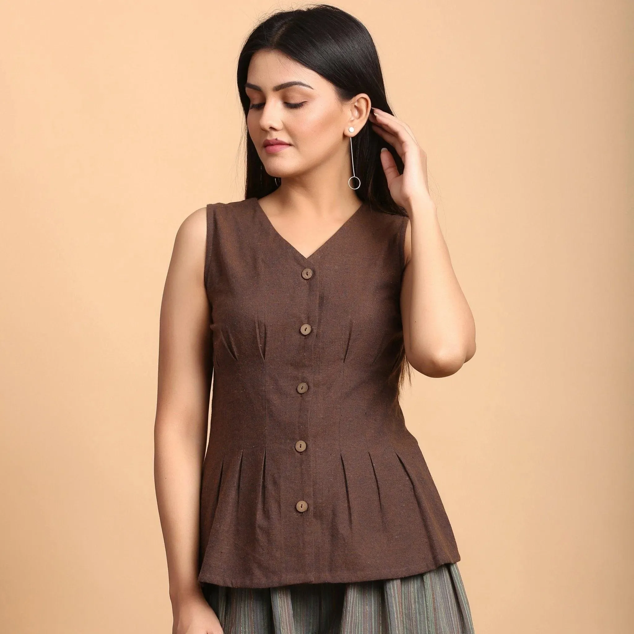 Brown Yarn Dyed Cotton Sleeveless Pleated Top