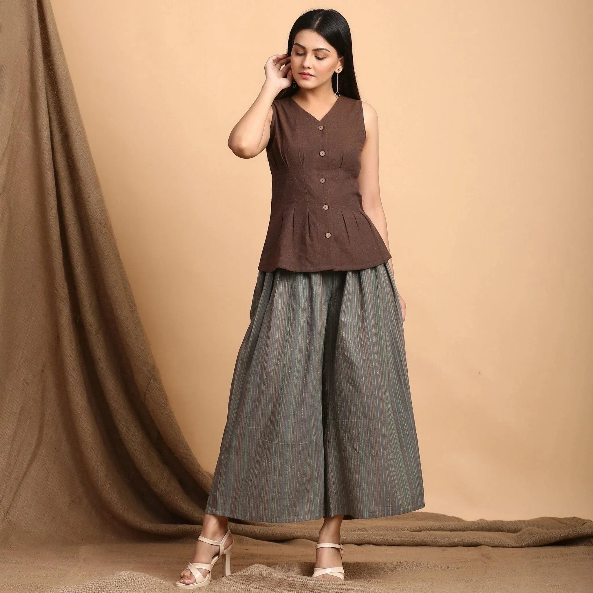 Brown Yarn Dyed Cotton Sleeveless Pleated Top