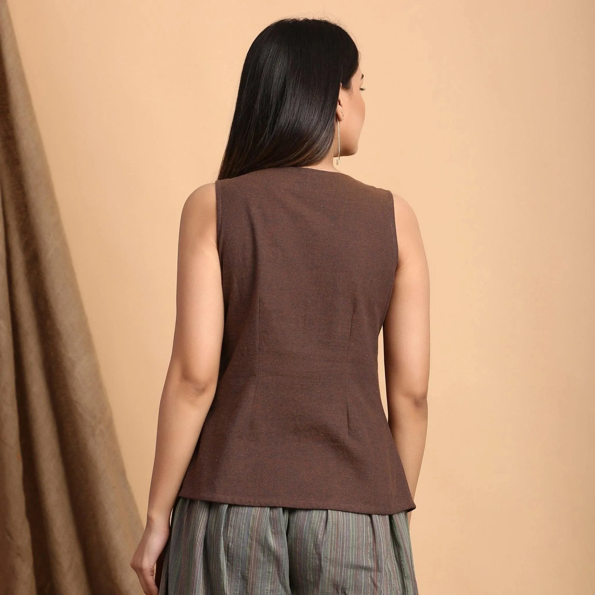 Brown Yarn Dyed Cotton Sleeveless Pleated Top