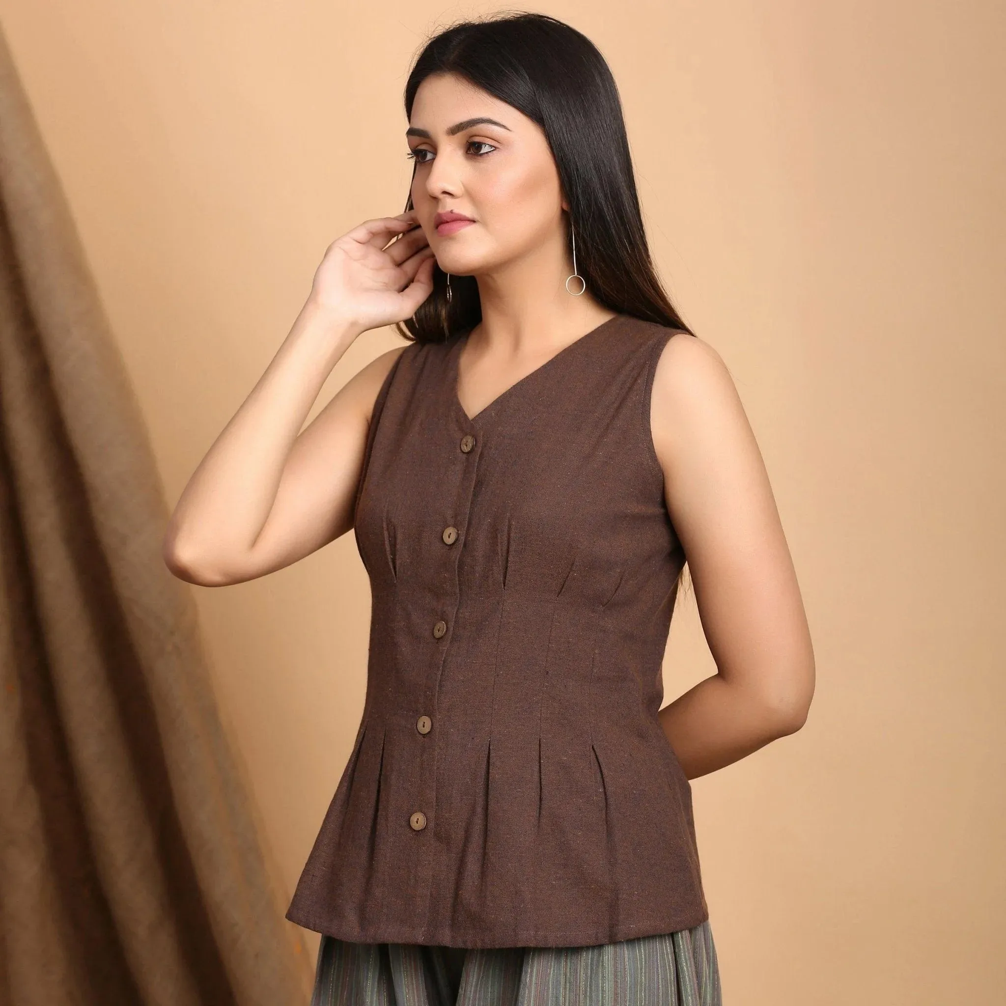 Brown Yarn Dyed Cotton Sleeveless Pleated Top