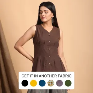 Brown Yarn Dyed Cotton Sleeveless Pleated Top