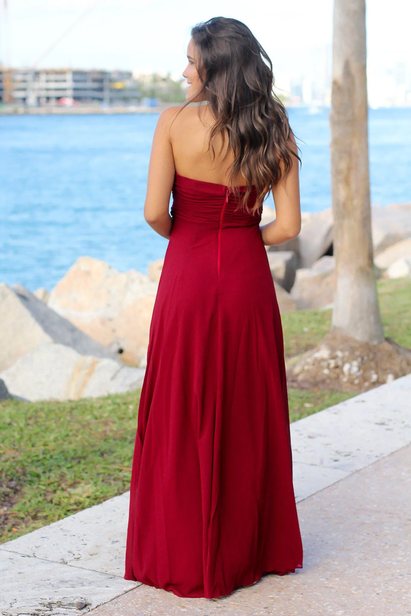 Burgundy Strapless Maxi Dress with Knot