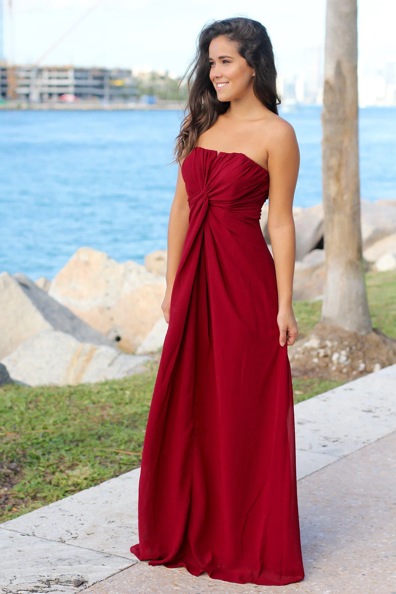 Burgundy Strapless Maxi Dress with Knot