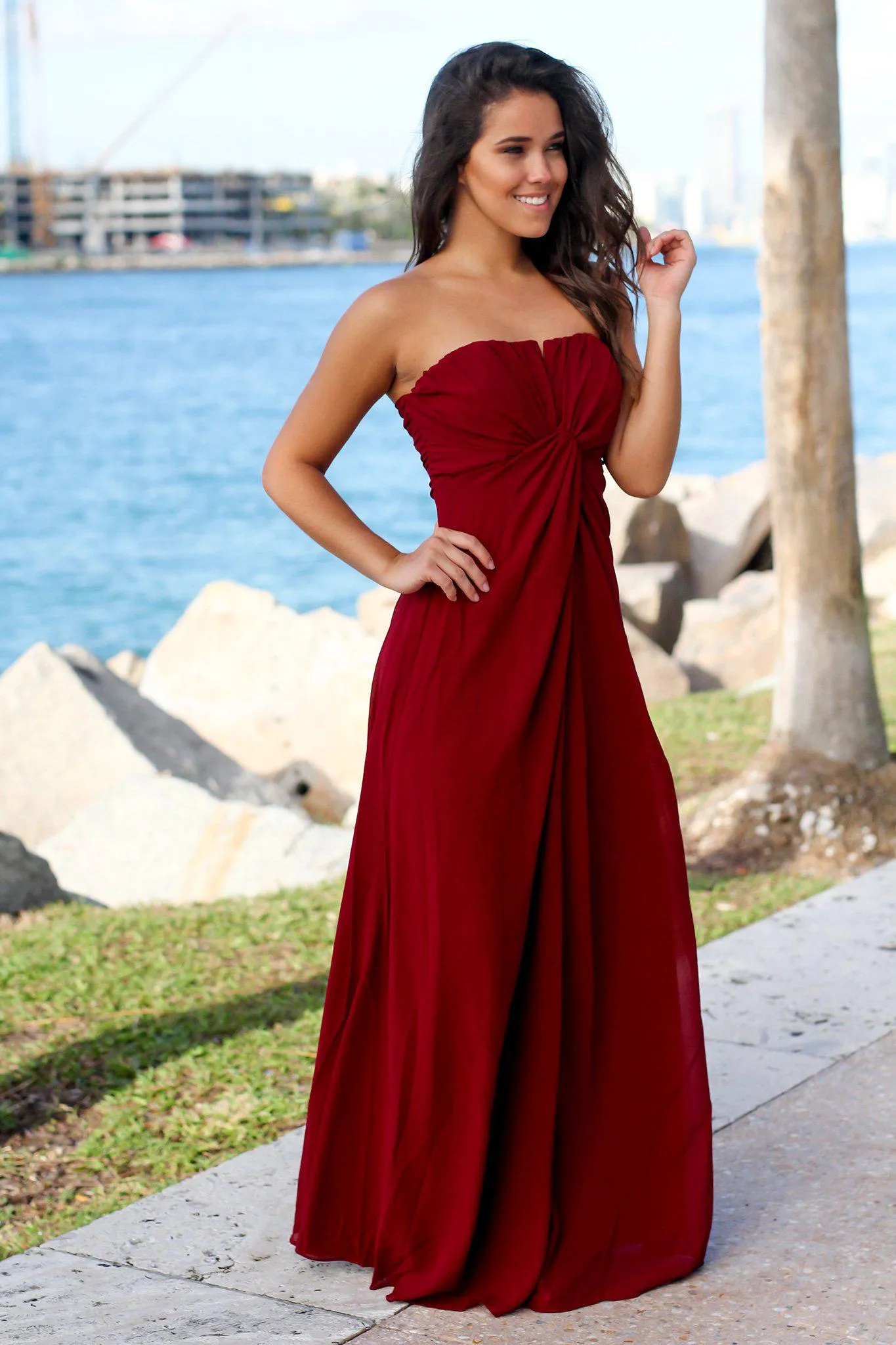 Burgundy Strapless Maxi Dress with Knot