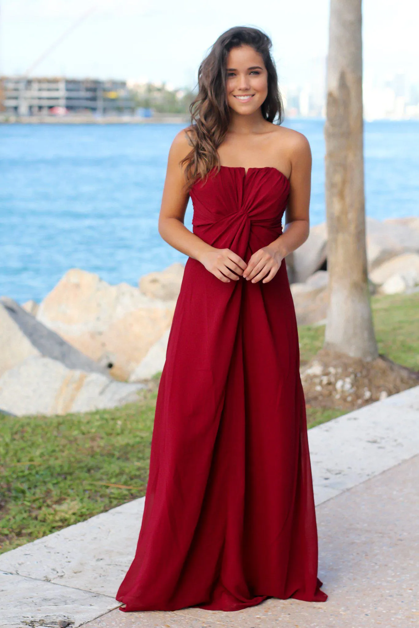 Burgundy Strapless Maxi Dress with Knot