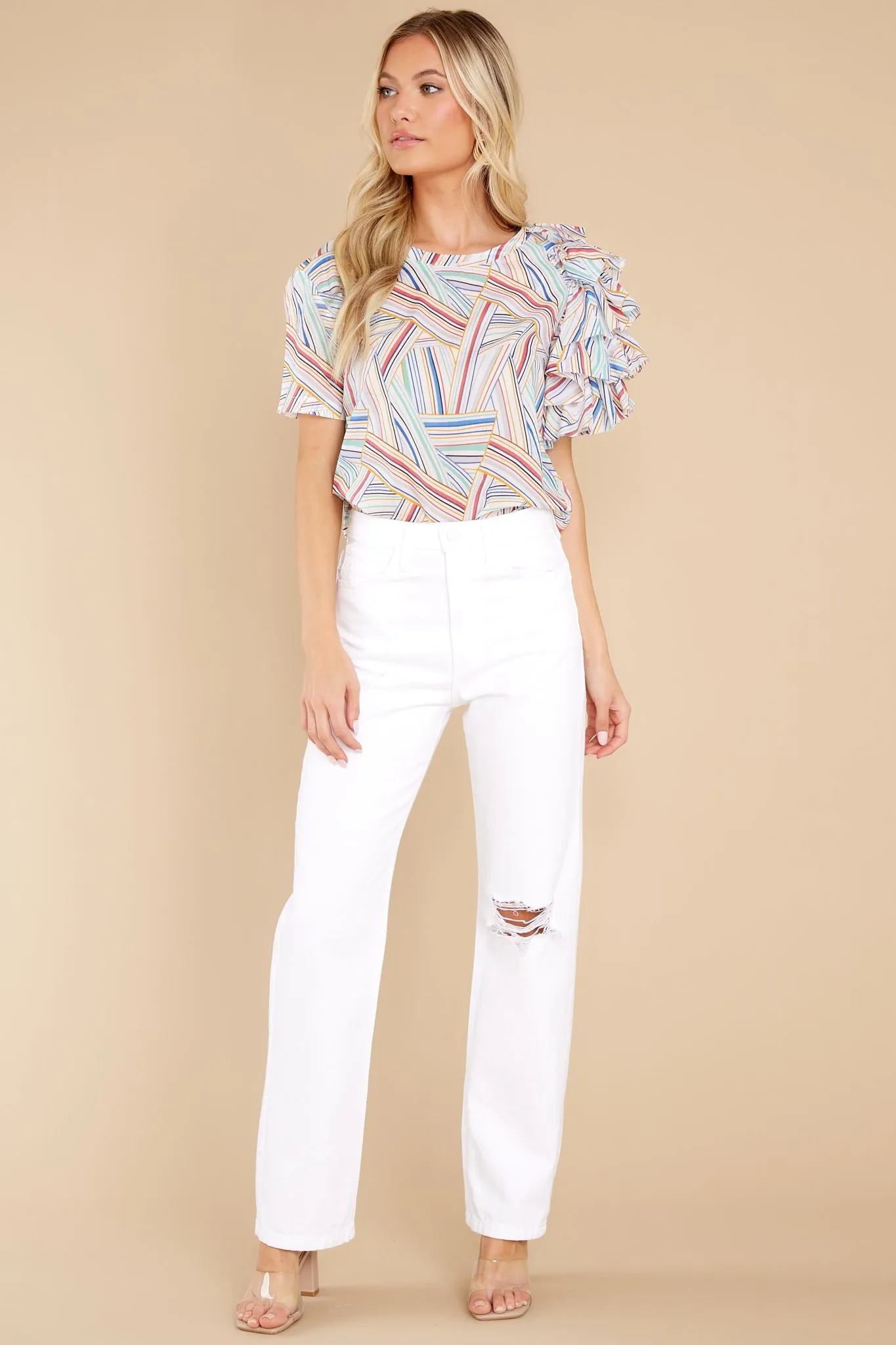Bustle About Off White Scully Print Ruffle Shoulder Top