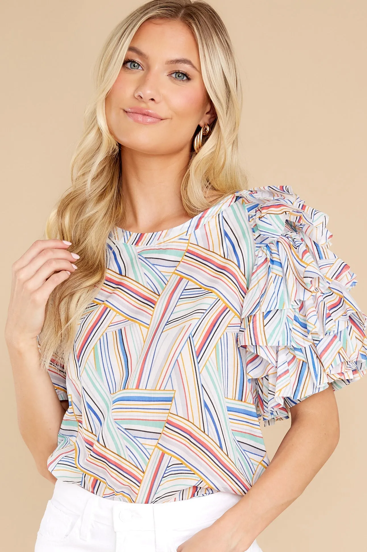 Bustle About Off White Scully Print Ruffle Shoulder Top