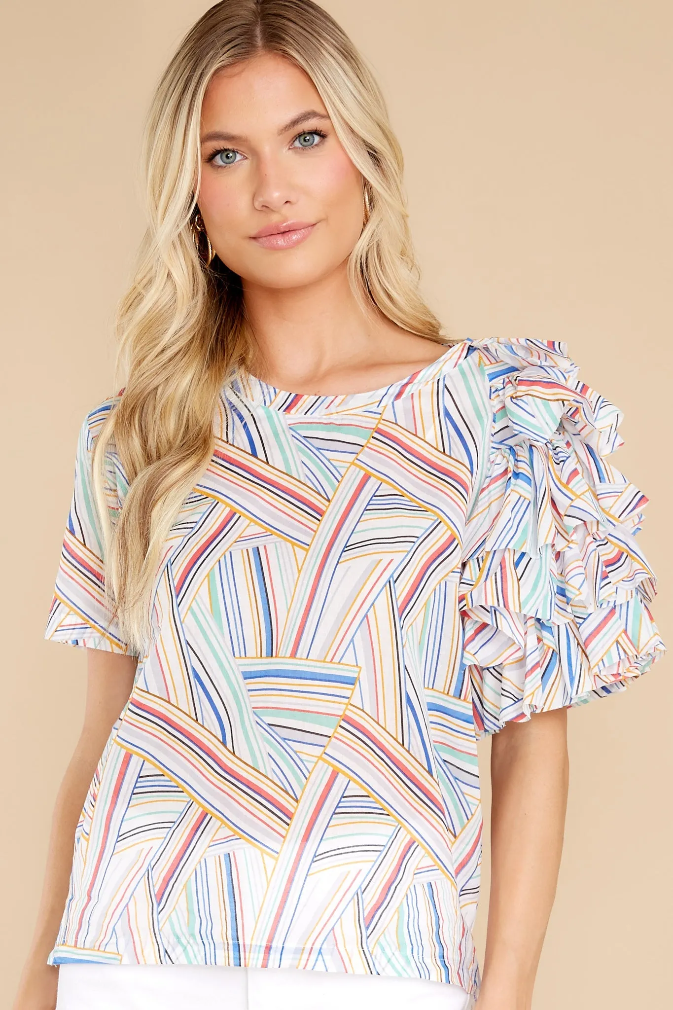 Bustle About Off White Scully Print Ruffle Shoulder Top