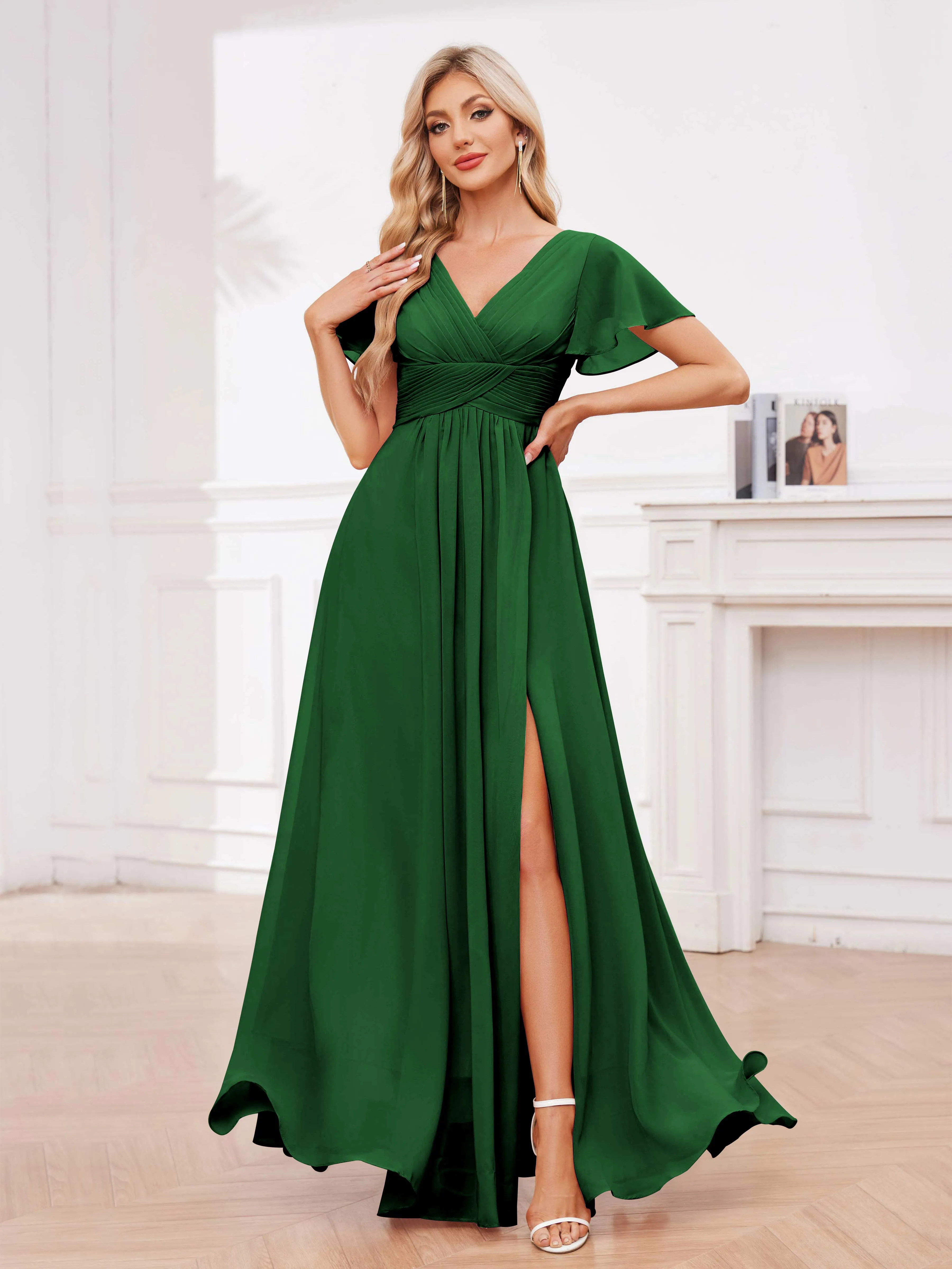 Calliope Graceful V Neck Ruched Floor Length Chiffon Bridesmaid Dresses