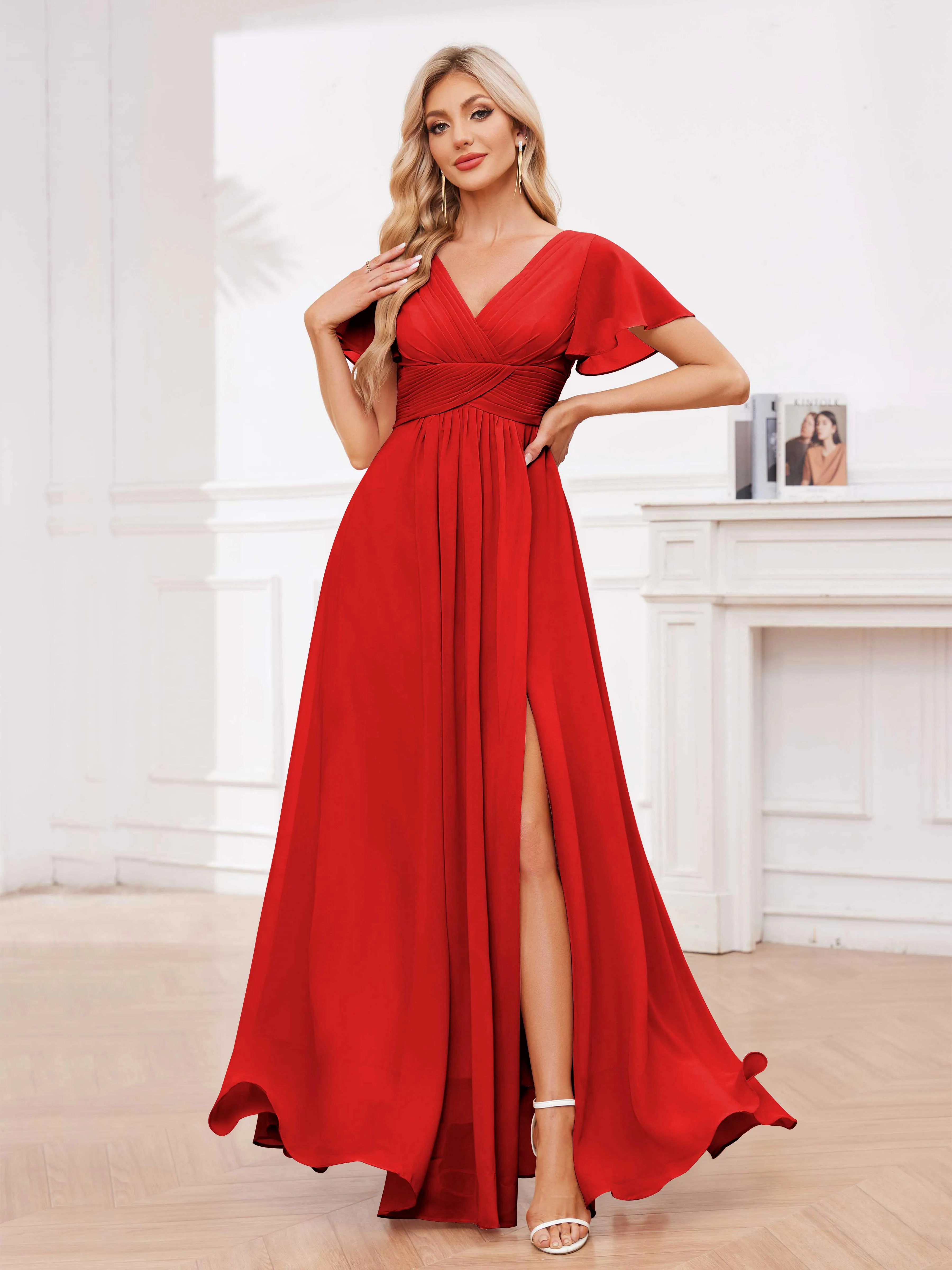 Calliope Graceful V Neck Ruched Floor Length Chiffon Bridesmaid Dresses