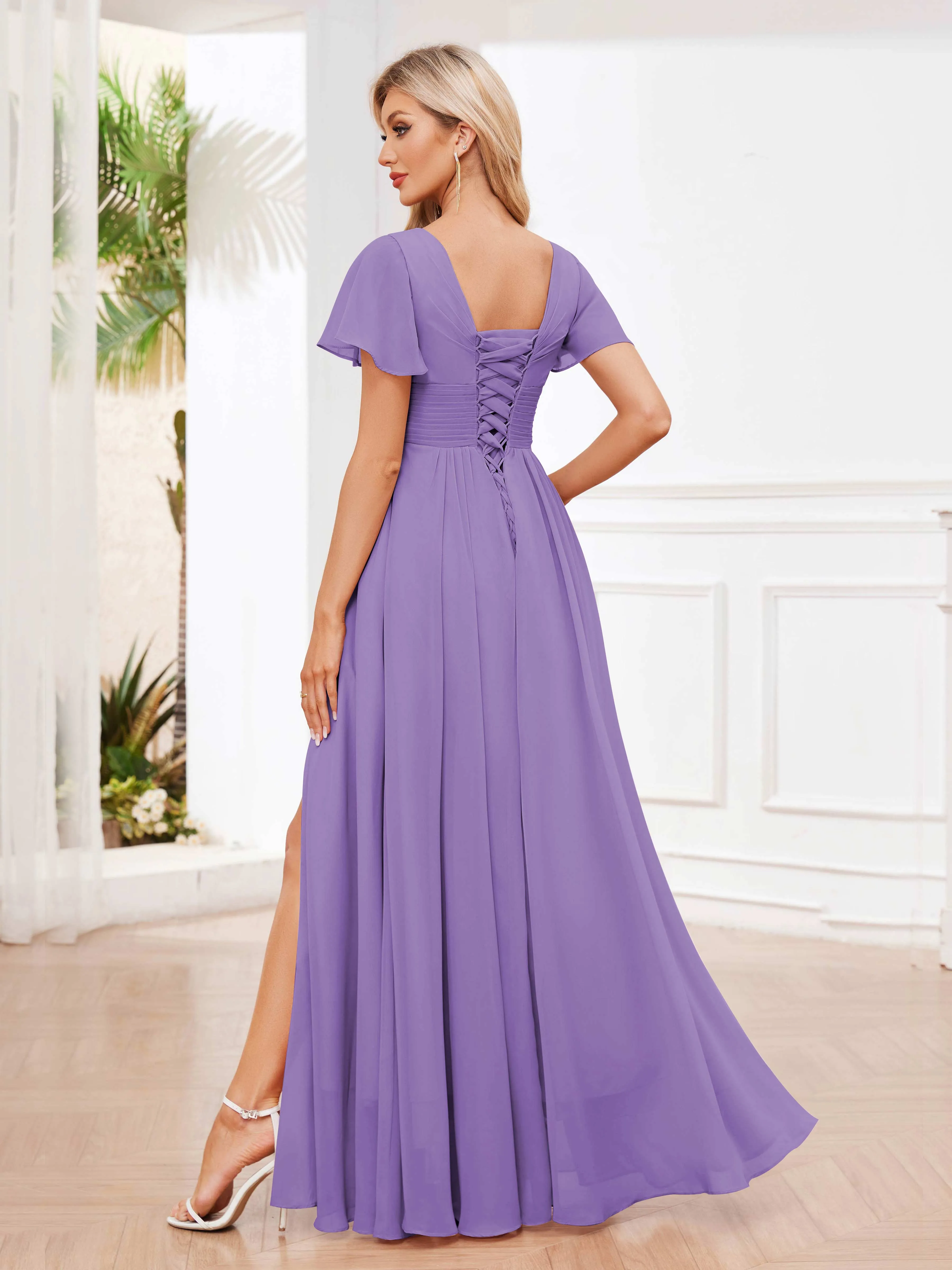 Calliope Graceful V Neck Ruched Floor Length Chiffon Bridesmaid Dresses
