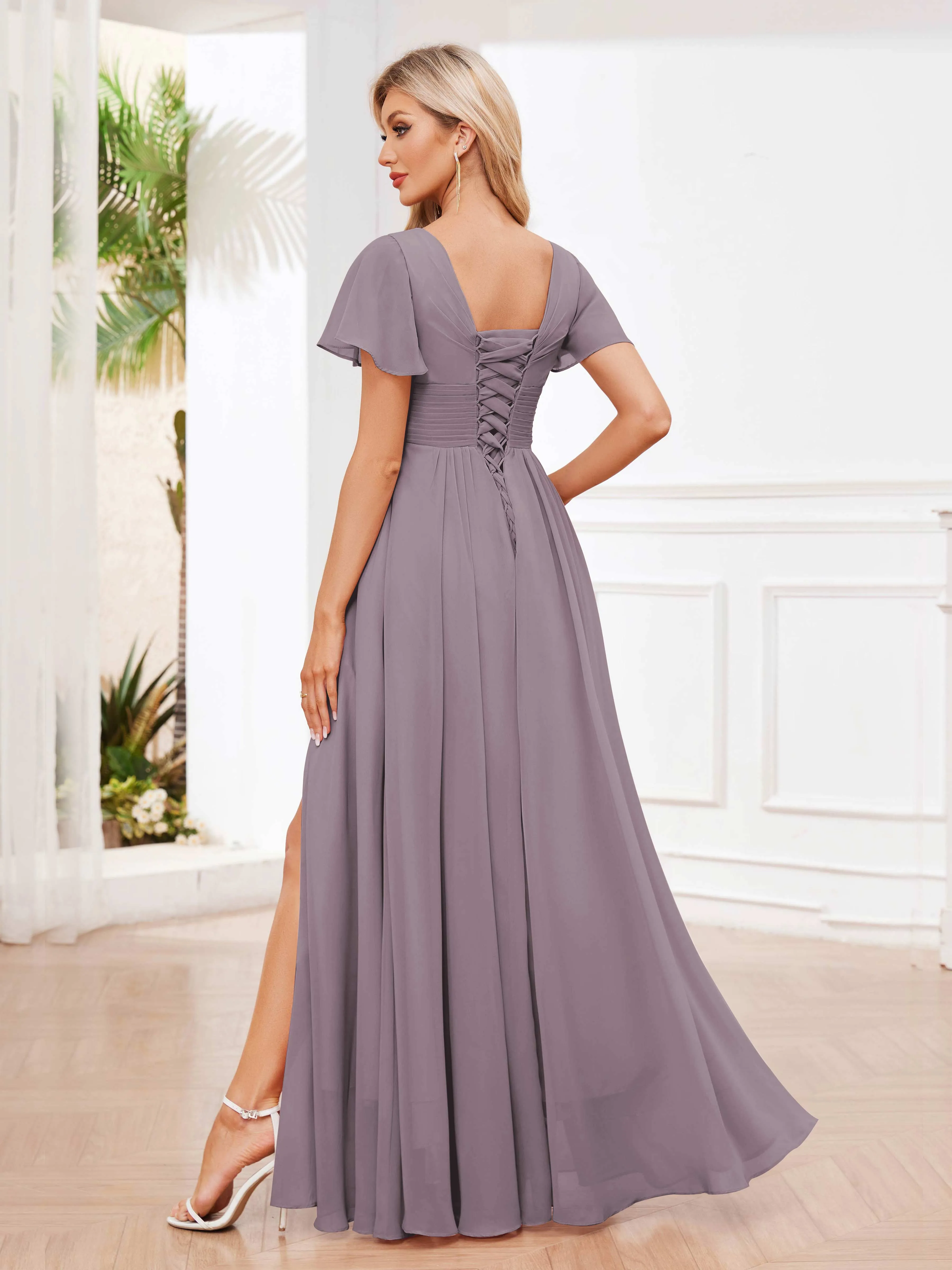 Calliope Graceful V Neck Ruched Floor Length Chiffon Bridesmaid Dresses