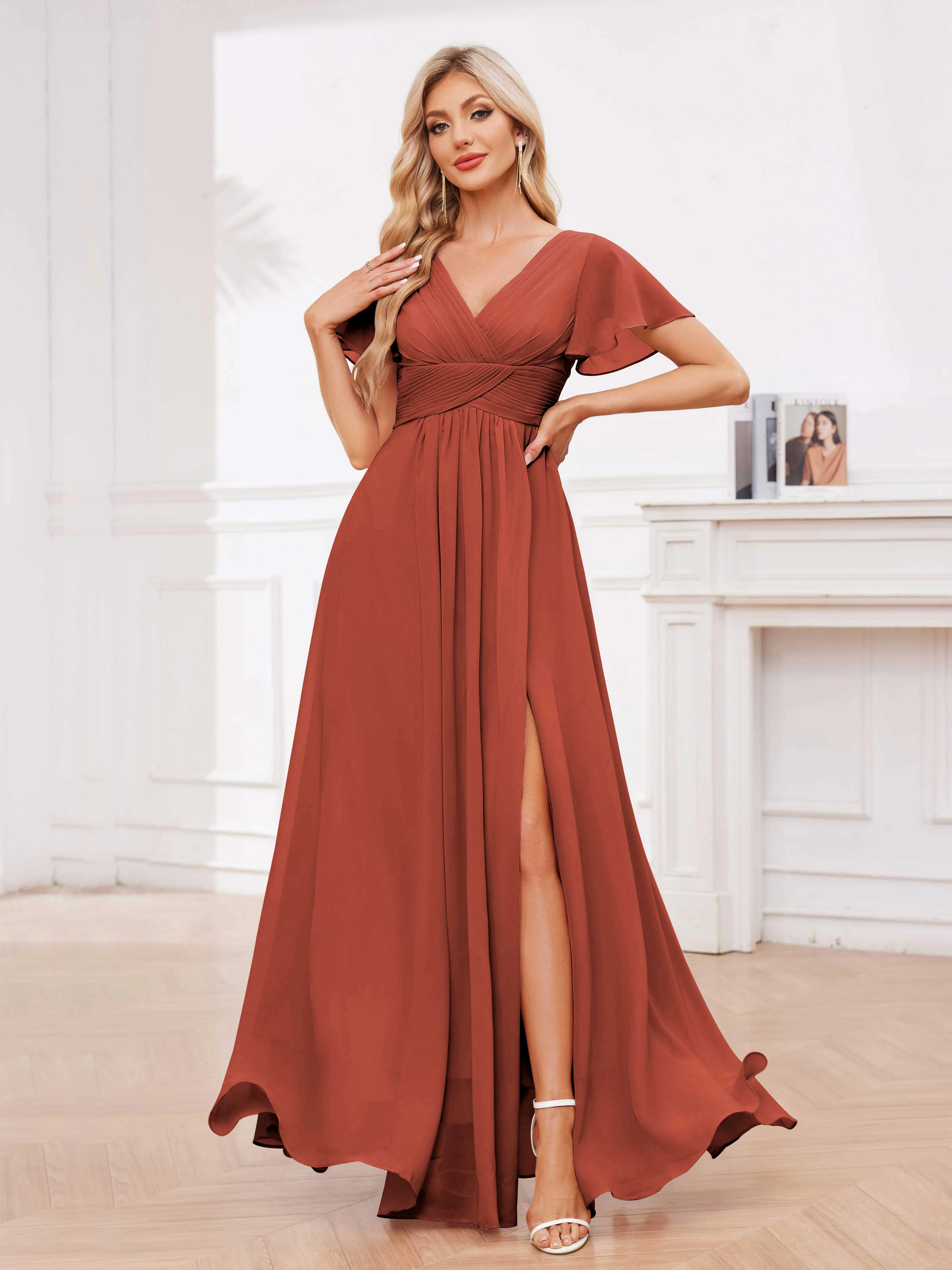 Calliope Graceful V Neck Ruched Floor Length Chiffon Bridesmaid Dresses