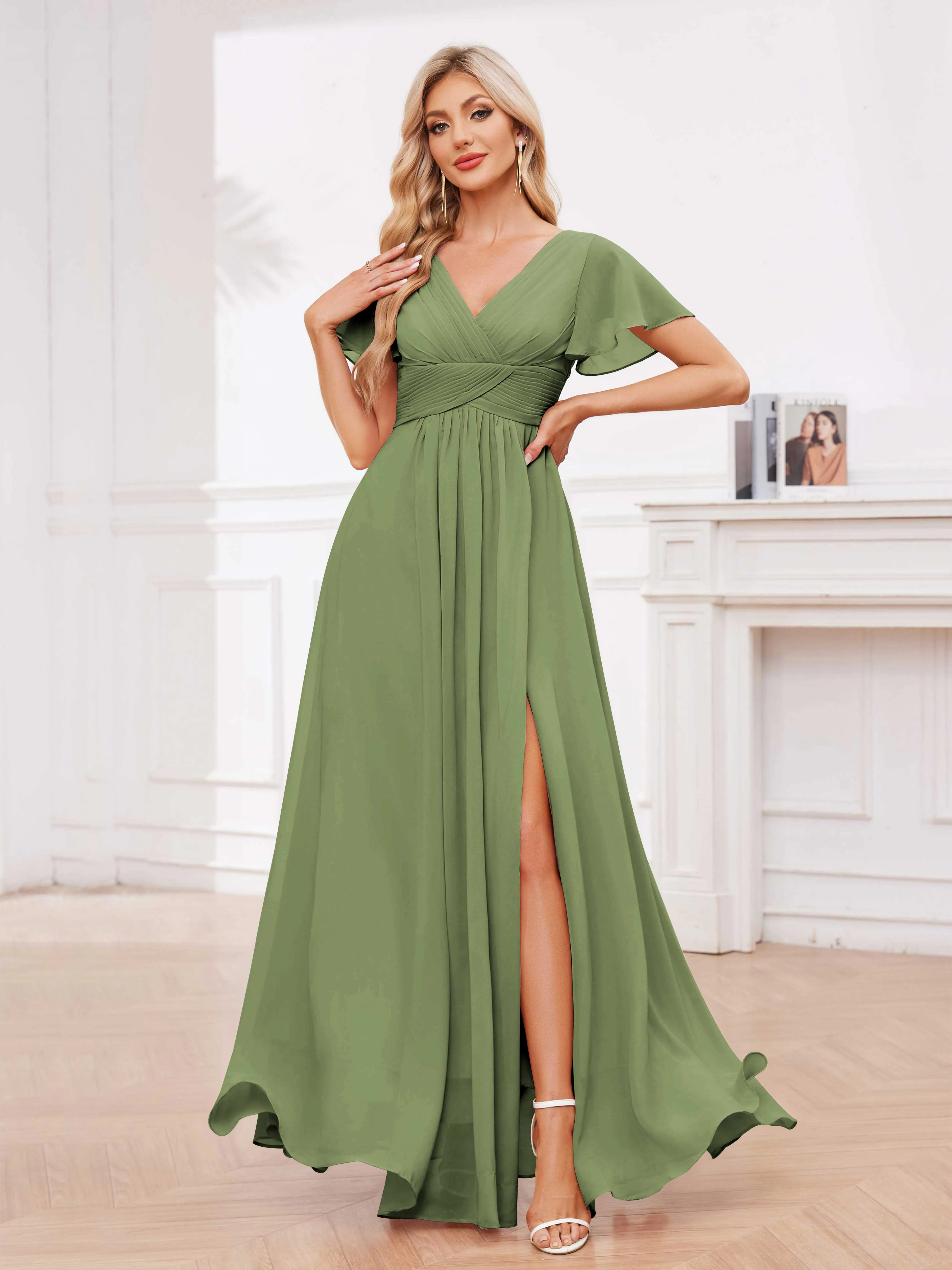 Calliope Graceful V Neck Ruched Floor Length Chiffon Bridesmaid Dresses