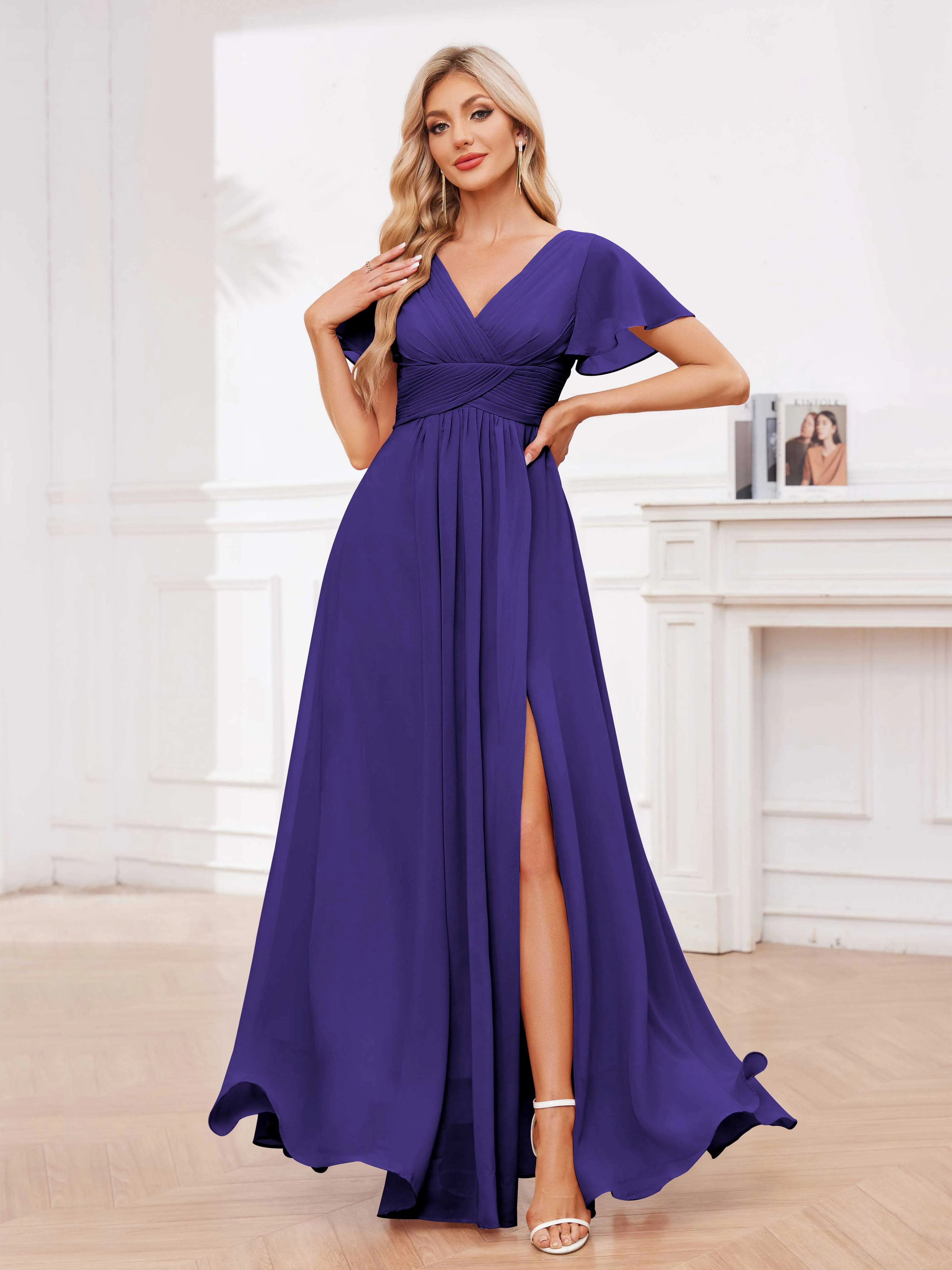 Calliope Graceful V Neck Ruched Floor Length Chiffon Bridesmaid Dresses