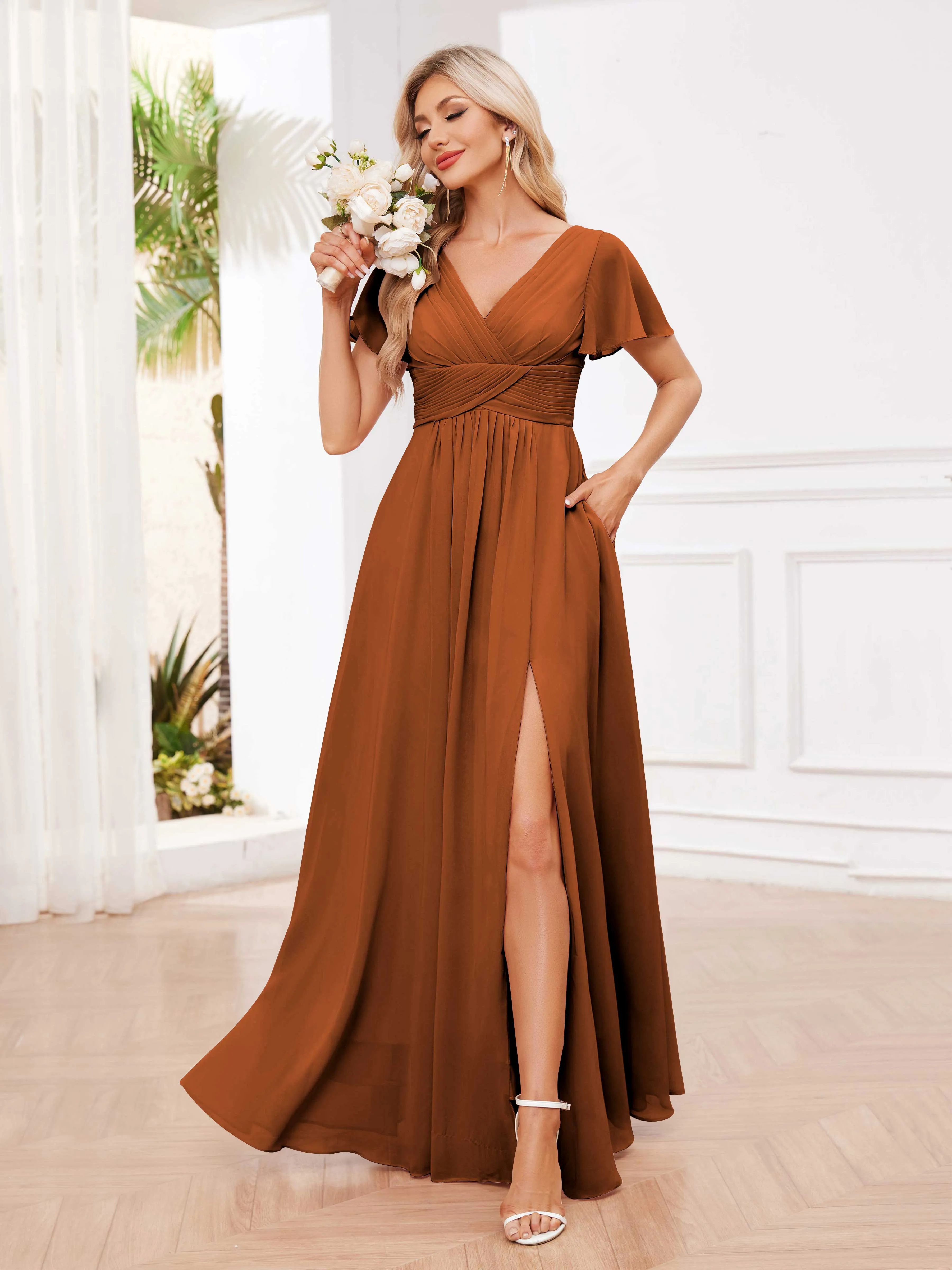 Calliope Graceful V Neck Ruched Floor Length Chiffon Bridesmaid Dresses