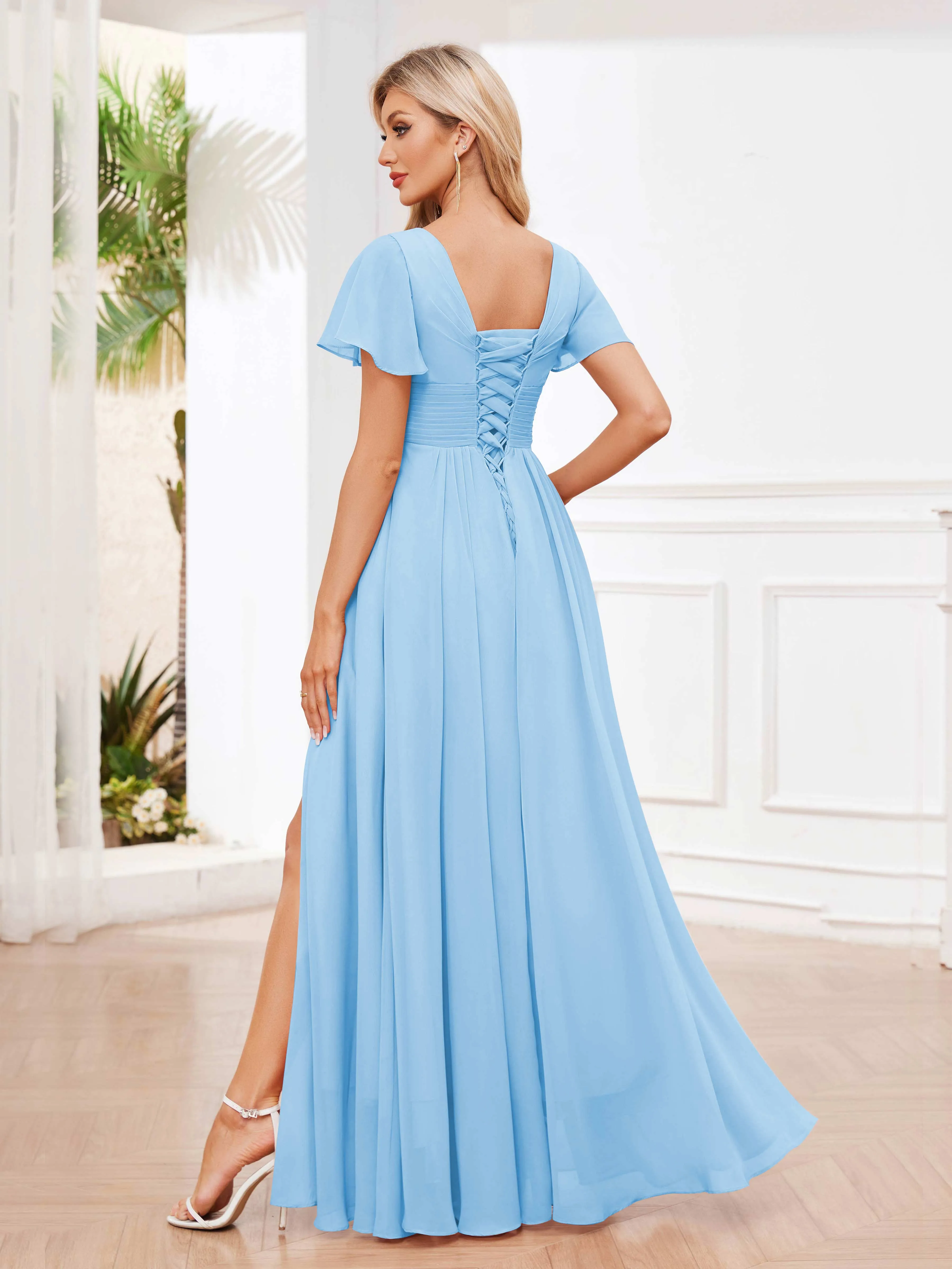 Calliope Graceful V Neck Ruched Floor Length Chiffon Bridesmaid Dresses