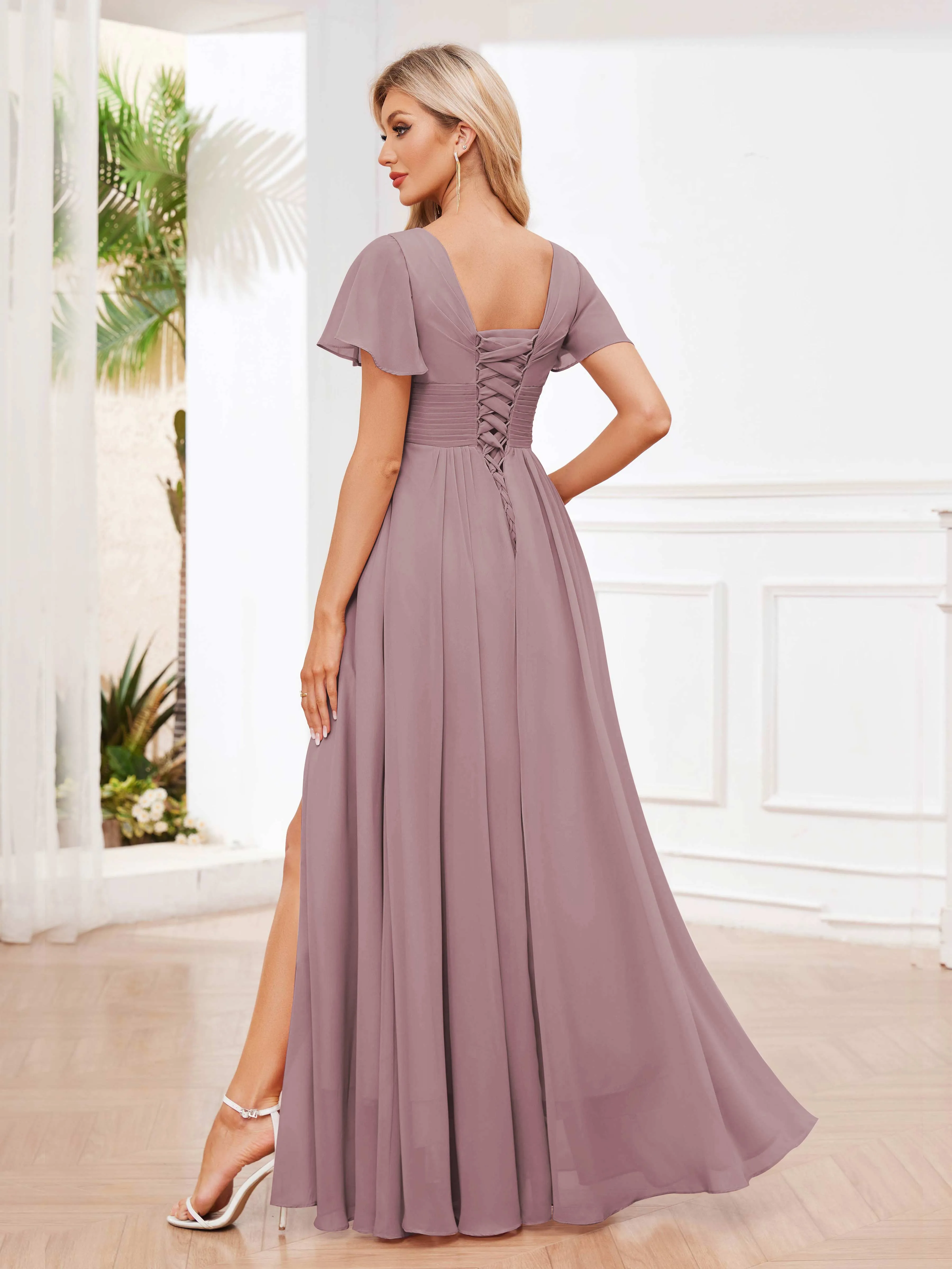 Calliope Graceful V Neck Ruched Floor Length Chiffon Bridesmaid Dresses